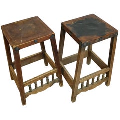 Early American Rustic Folk Art Leather & Wood with Hand-Forged Detail Bar Stools