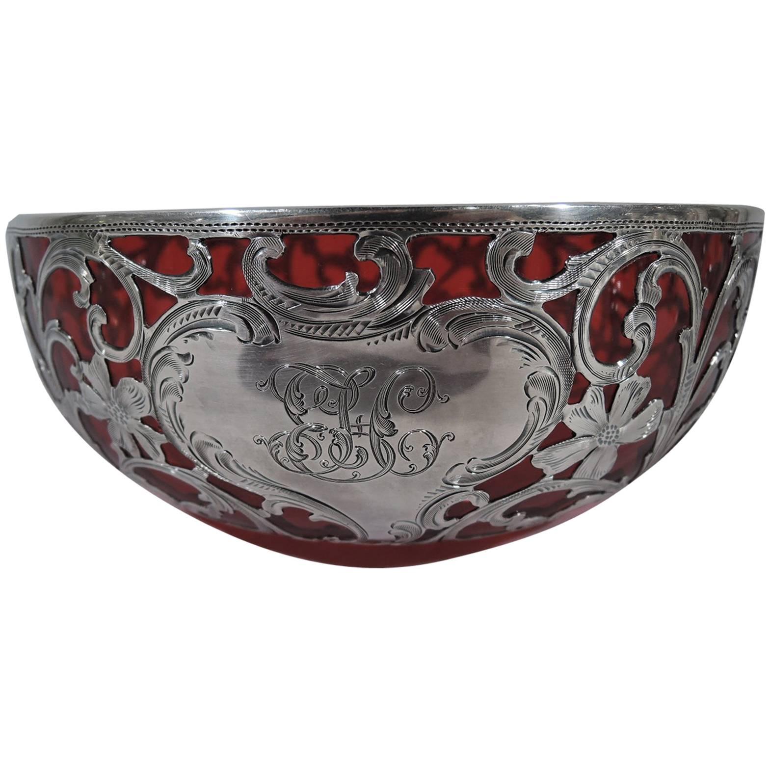Antique Alvin Art Nouveau Silver Overlay and Red Glass Bowl