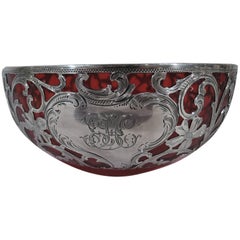 Antique Alvin Art Nouveau Silver Overlay and Red Glass Bowl