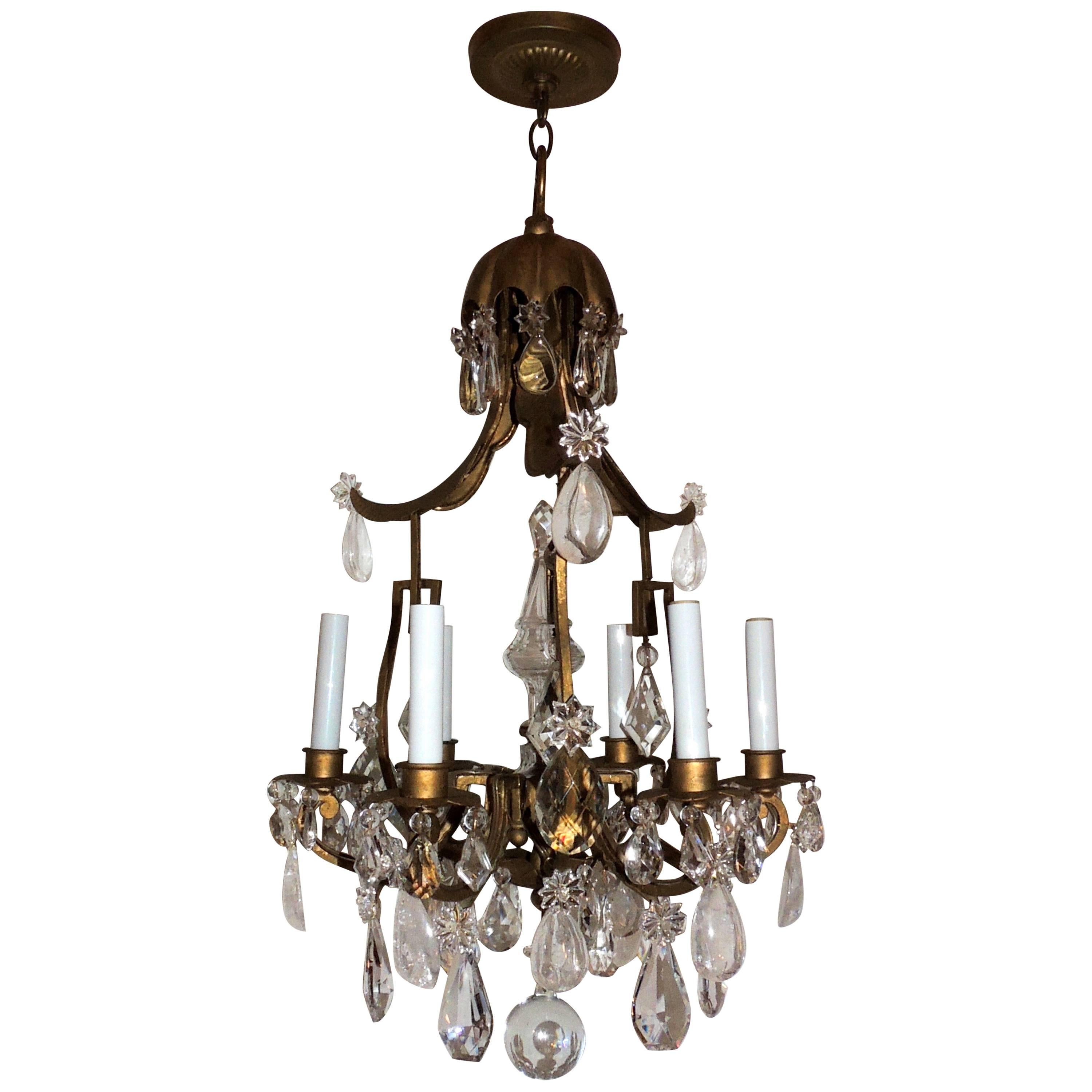 Wonderful French Pagoda Gilt Rock Crystal Bagues Chandelier Six-Light Fixture For Sale