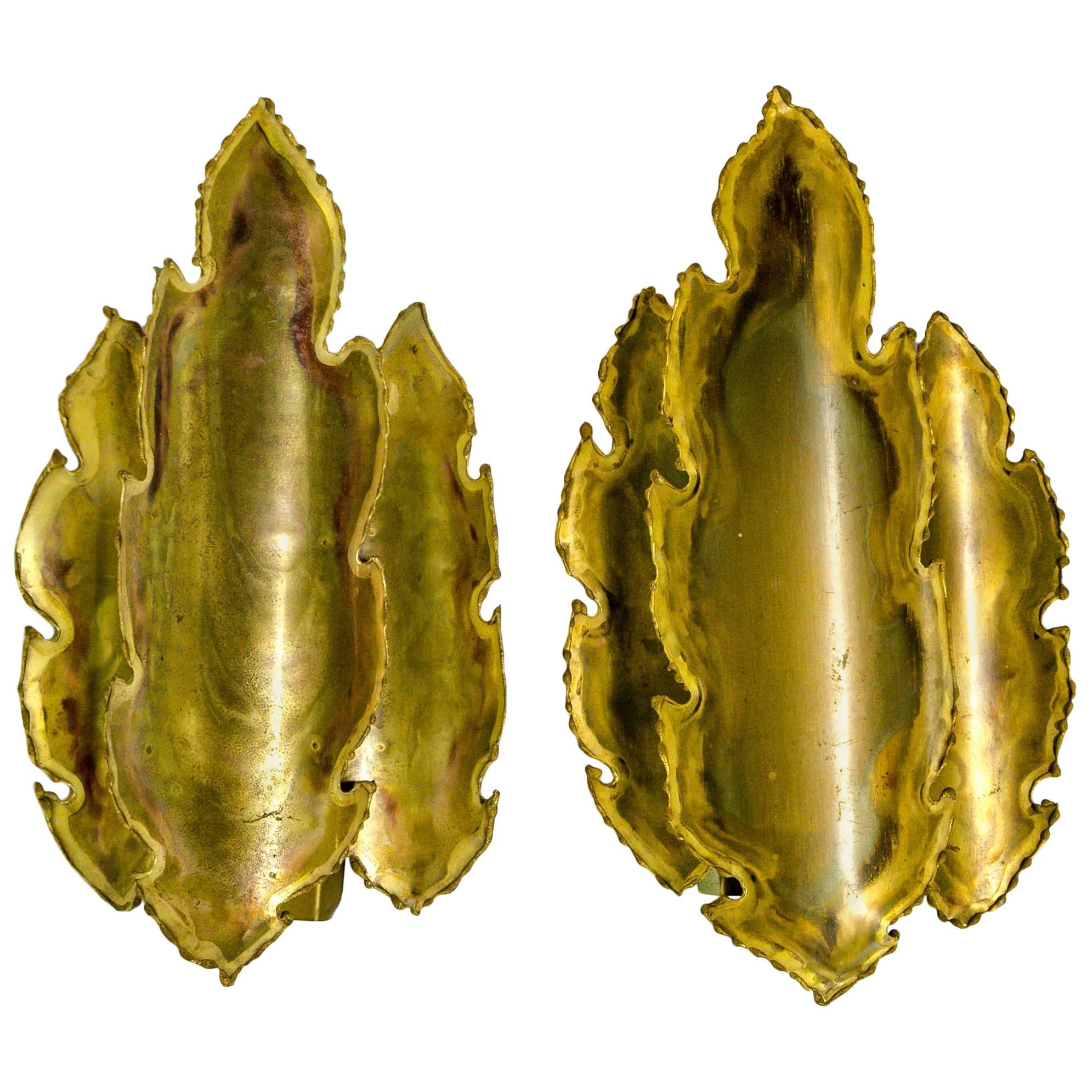 Brutalist Brass Flame Leaf Sconces (pair)
