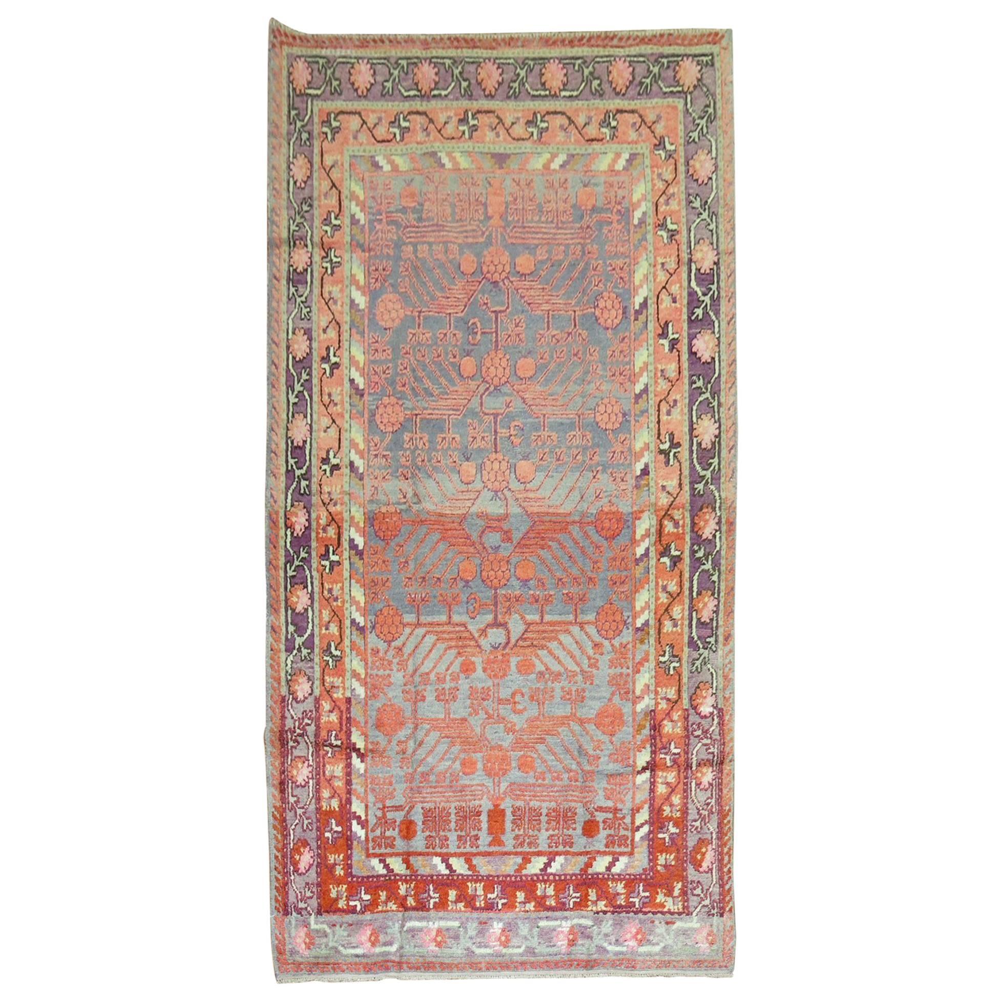 Early 20th Century Khotan Wool Gray Field Antique Pomegranate Rug For Sale