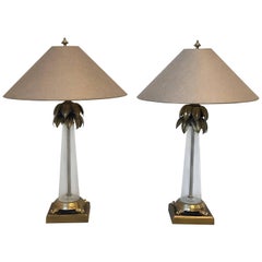 1970s Frederick Cooper Brass and Art Glass Palm Tree Lamps with Shades, Pair