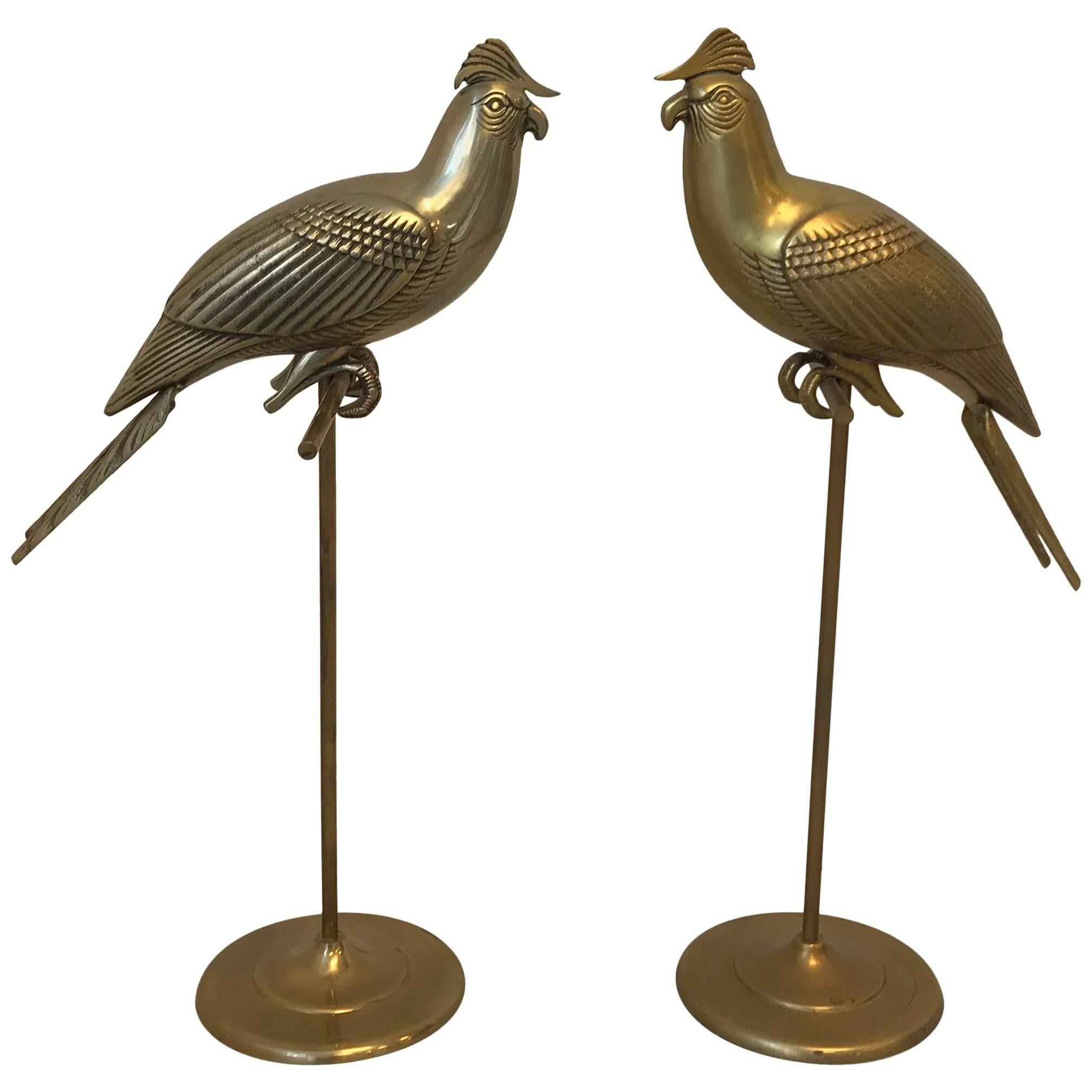 1960s Sergio Bustamante Style Brass Cockatiel Bird Sculpture on Perch, Pair