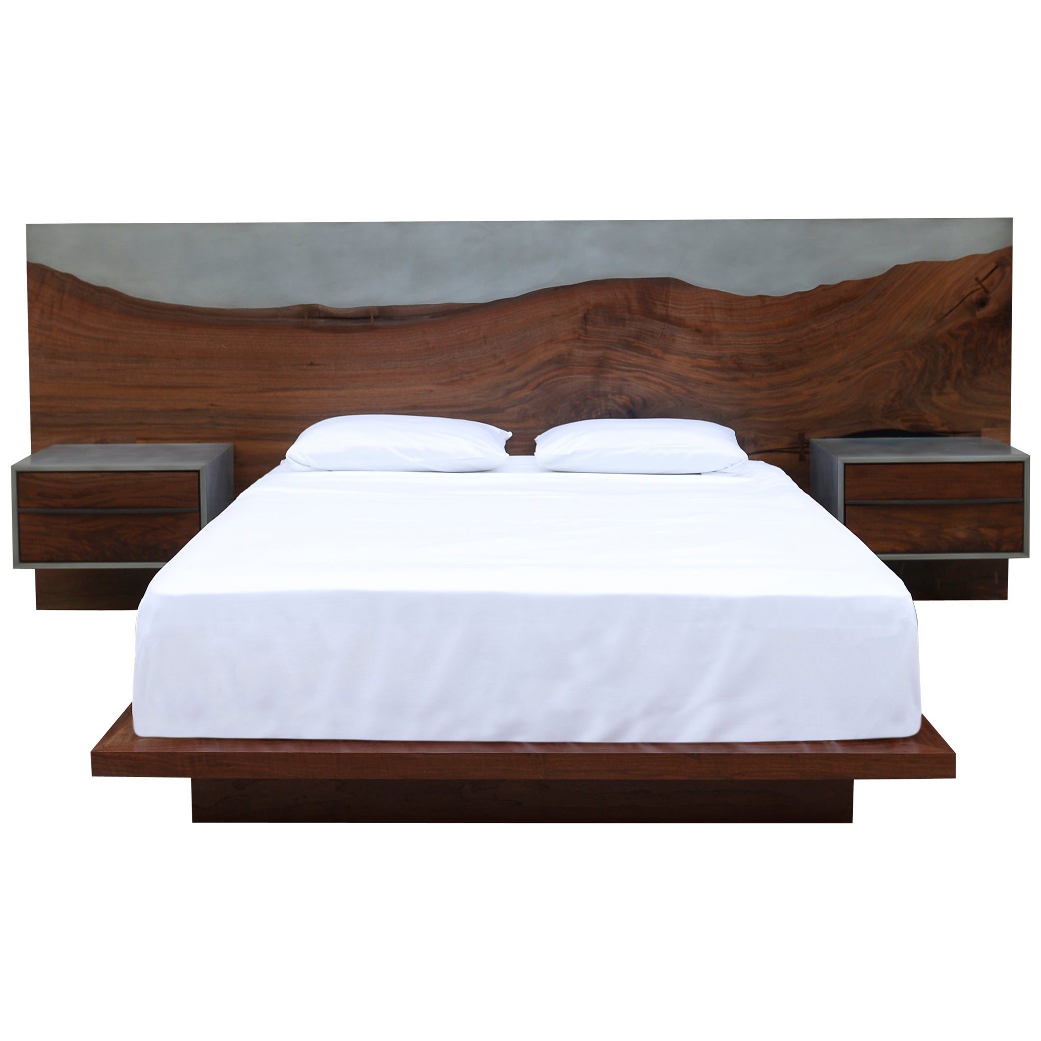 Minimalist Queen Size Bed with Leather Frame and Solid Wood For Sale at