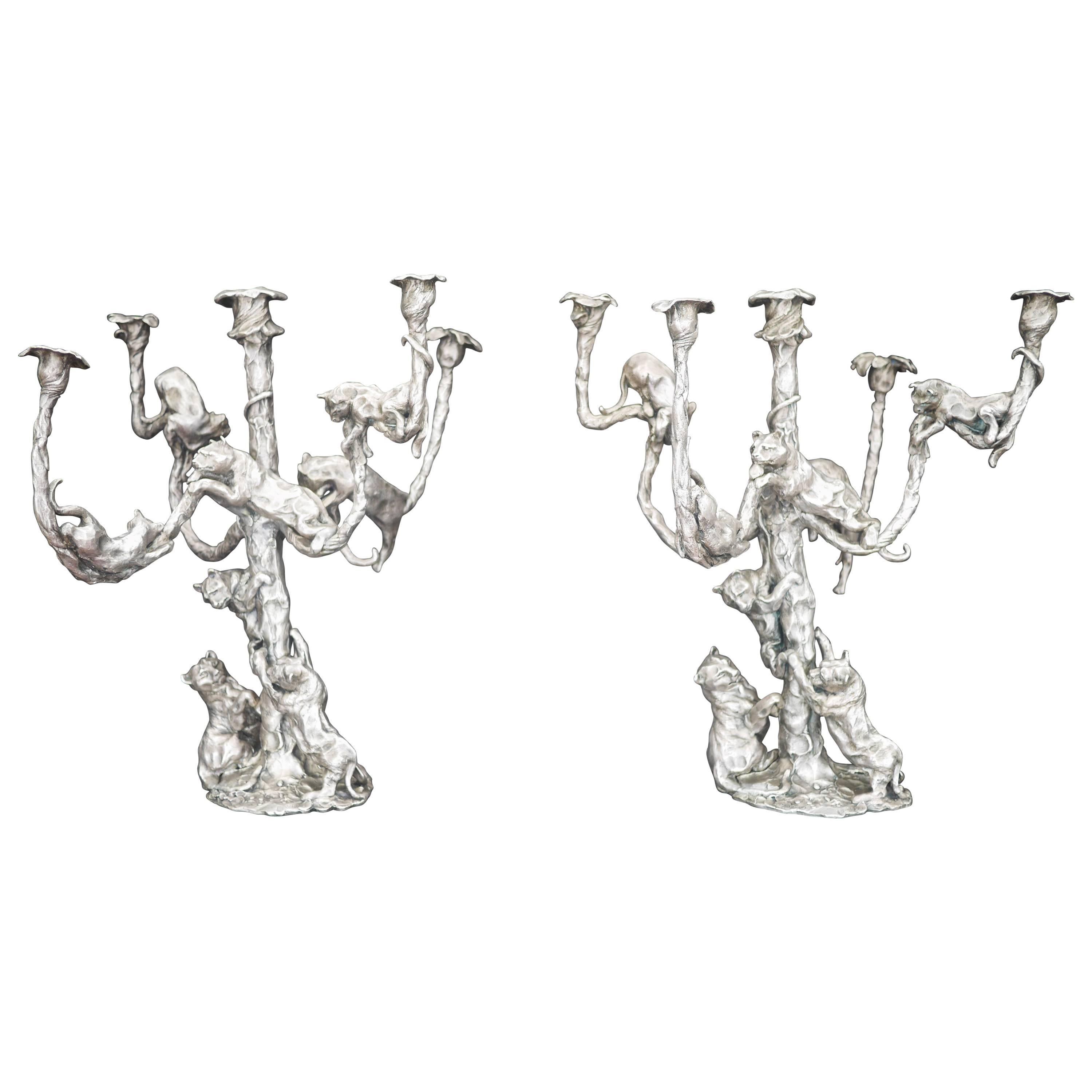 Jose Maria David 2005, Pair of Candelabra with Panthers in Silvered Bronze For Sale
