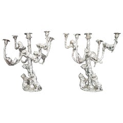 Jose Maria David 2005, Pair of Candelabra with Panthers in Silvered Bronze