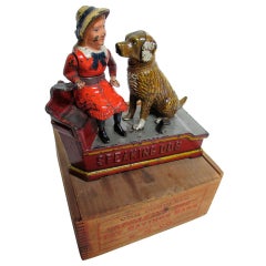 Mechanical Bank Speaking Dog von The Shepard Co Ca. 1885; mit Original Holzschachtel