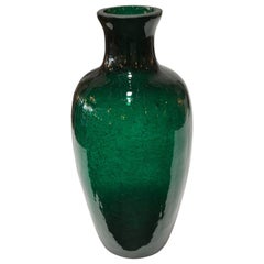 Vintage Mid-Century Green Crackle Glass Vase