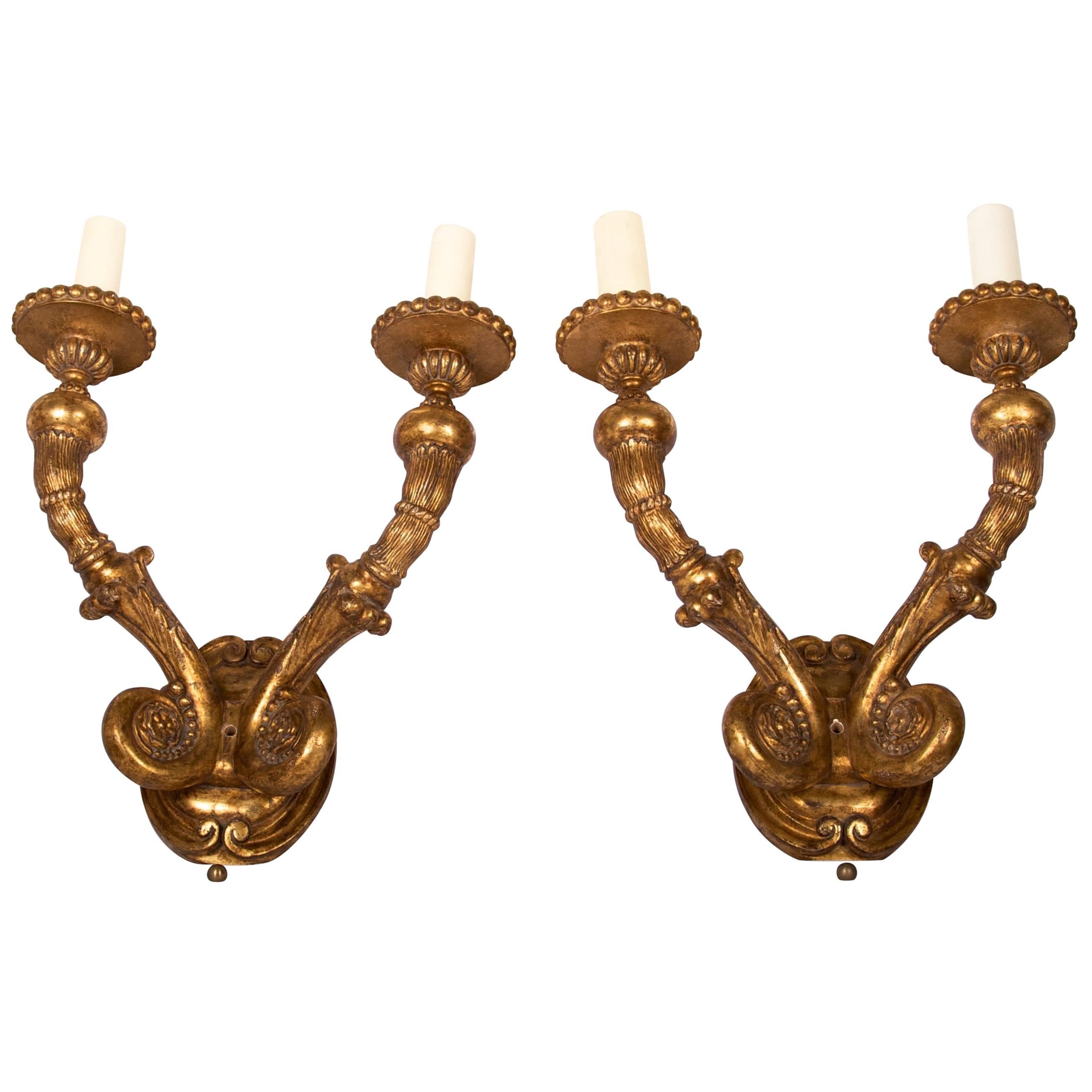 Baroque Style Carved and Gilded Two-Light Sconces/ pair
