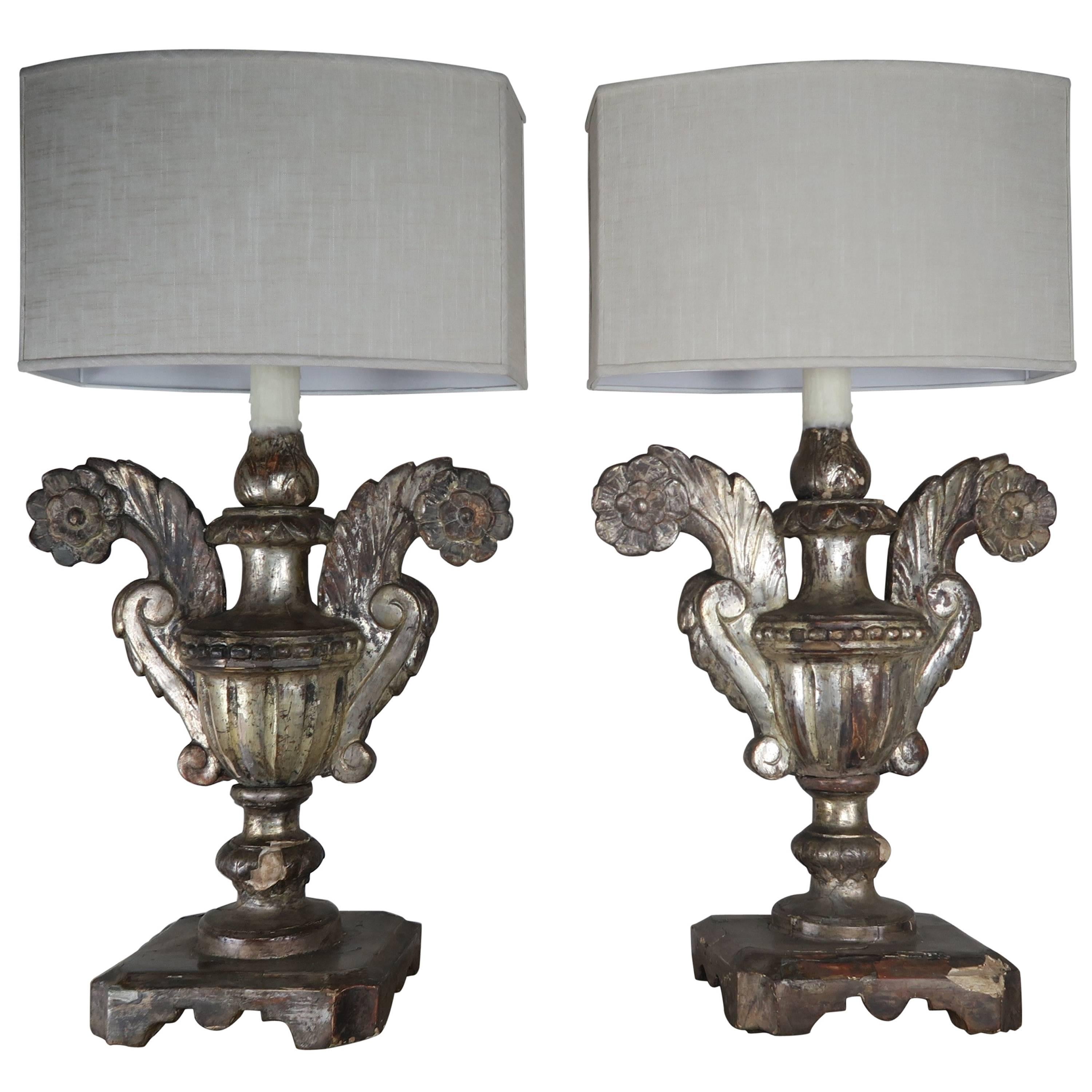 19th Century Silvered Urn Lamps with Linen Shades, Pair