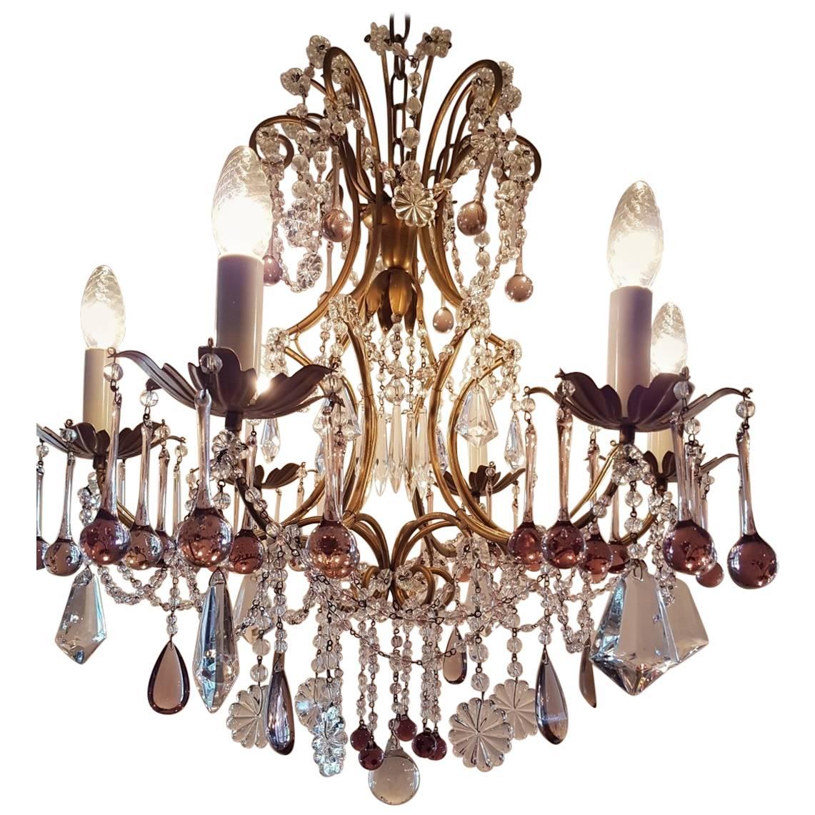 Italian Chandelier with Colored Drops in Purple and Pink Six-Light, 20th Century For Sale