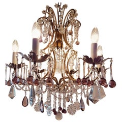 Antique Italian Chandelier with Colored Drops in Purple and Pink Six-Light, 20th Century