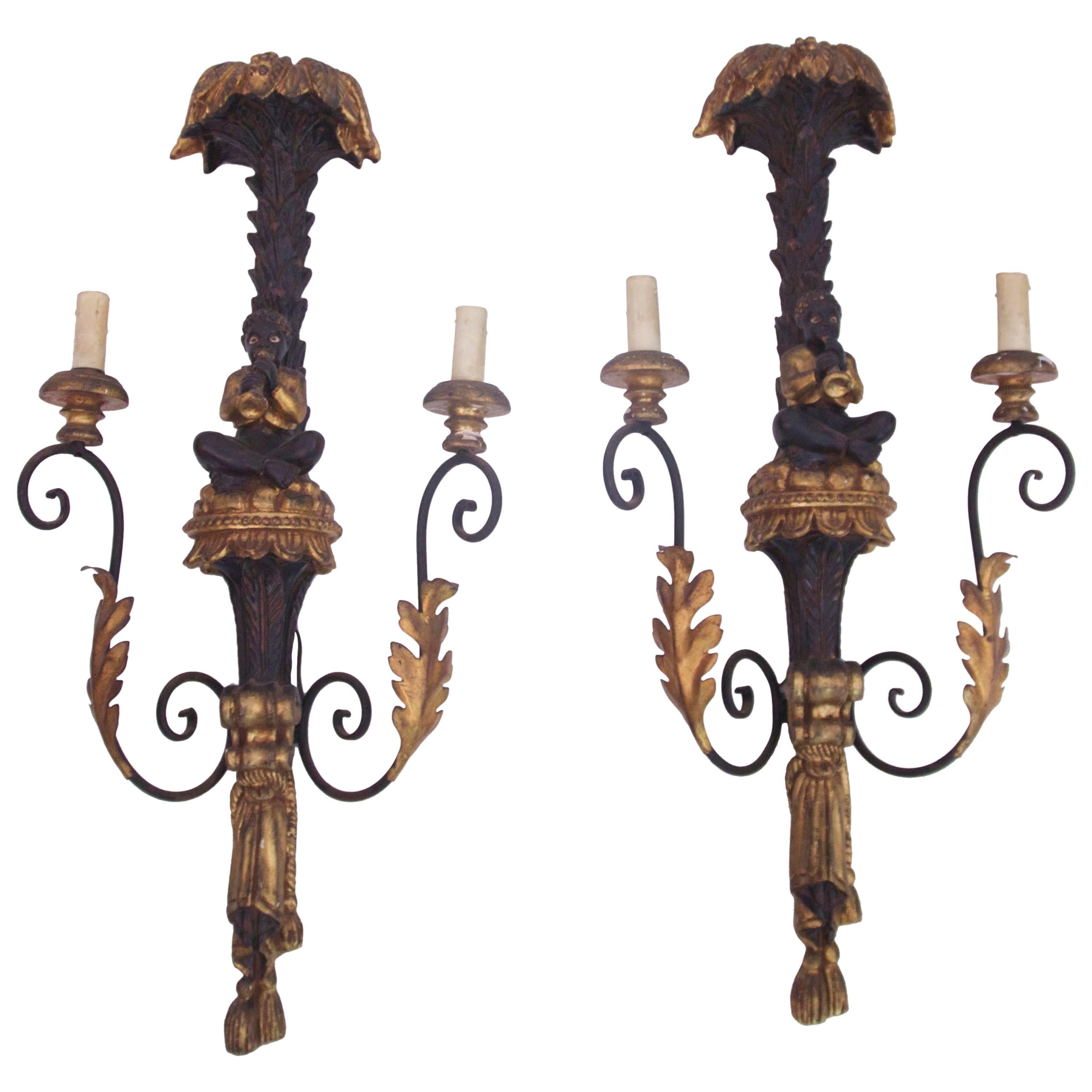 Pair of Applique Palms, Wood Carved Painted and Gilded Iron, circa 1960, France