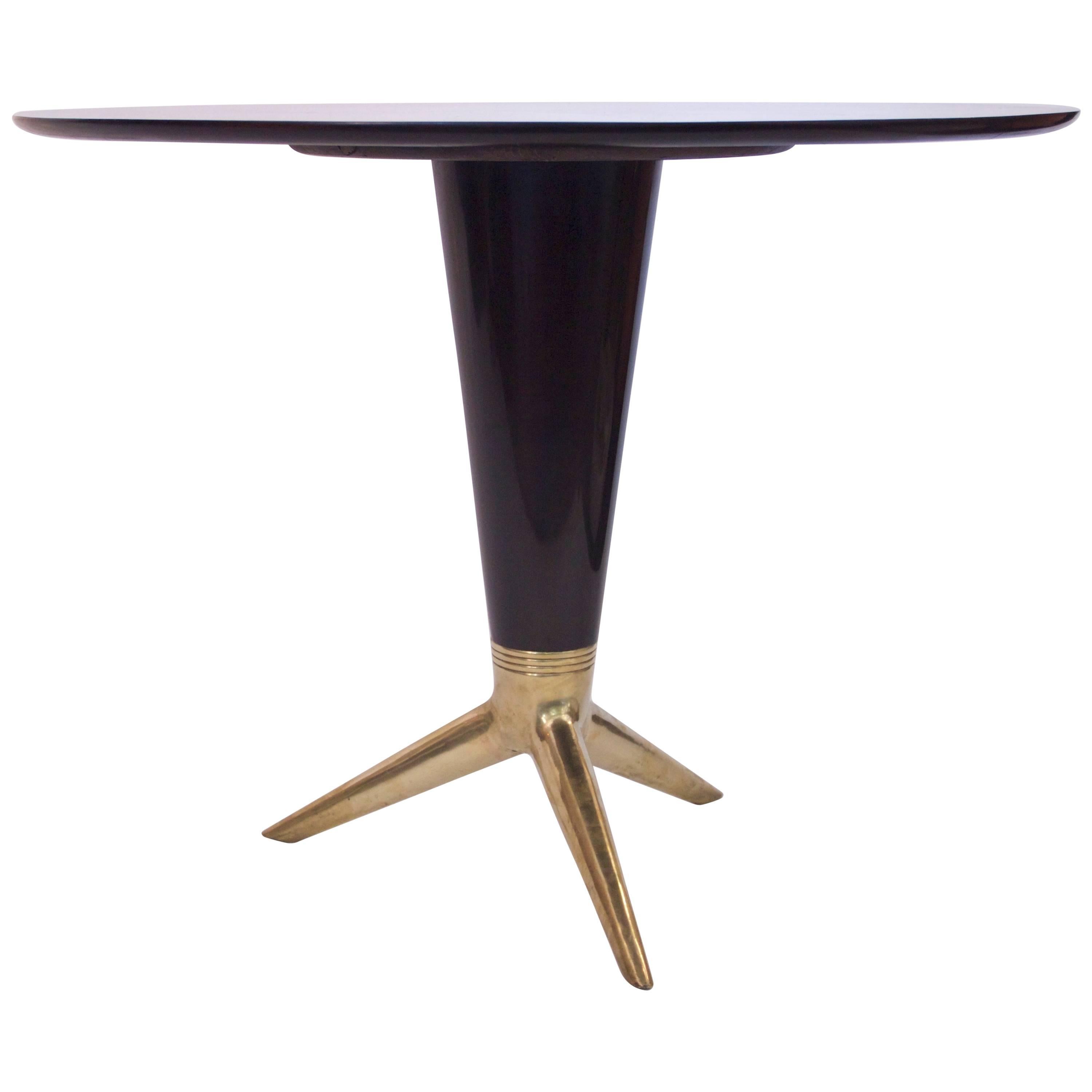 Pedestal Table in the Style of Gio Ponti, Black Lacquered Wood and Gilded Bronze