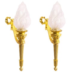 Early 20th Century Pair of Ormolu and Glass Flaming Torches Wall Lights