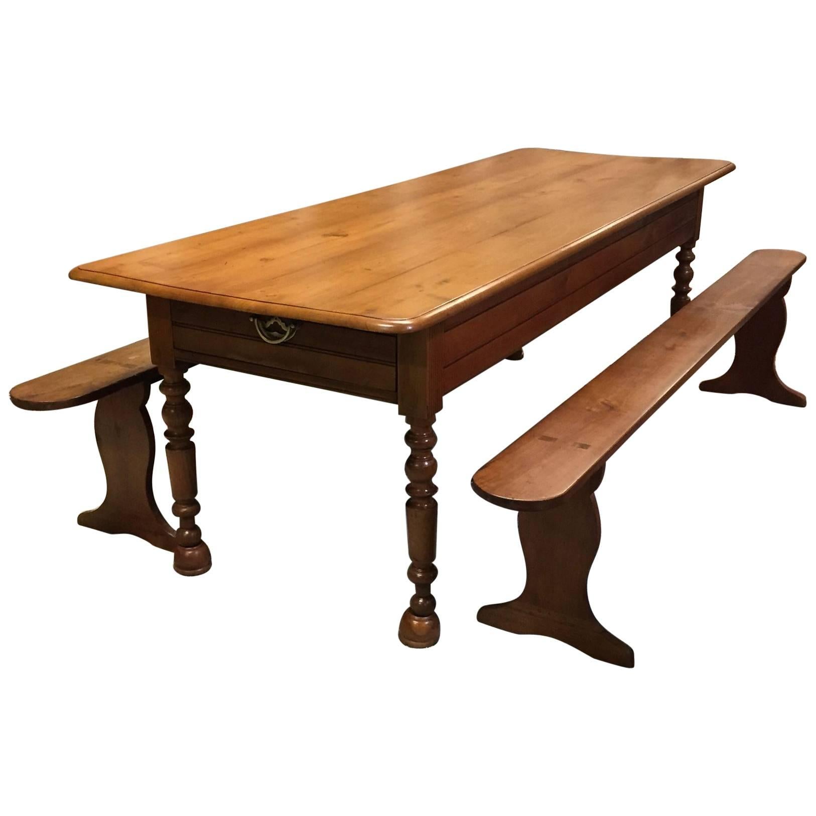 19th Century Fruitwood Farm Table with Benches