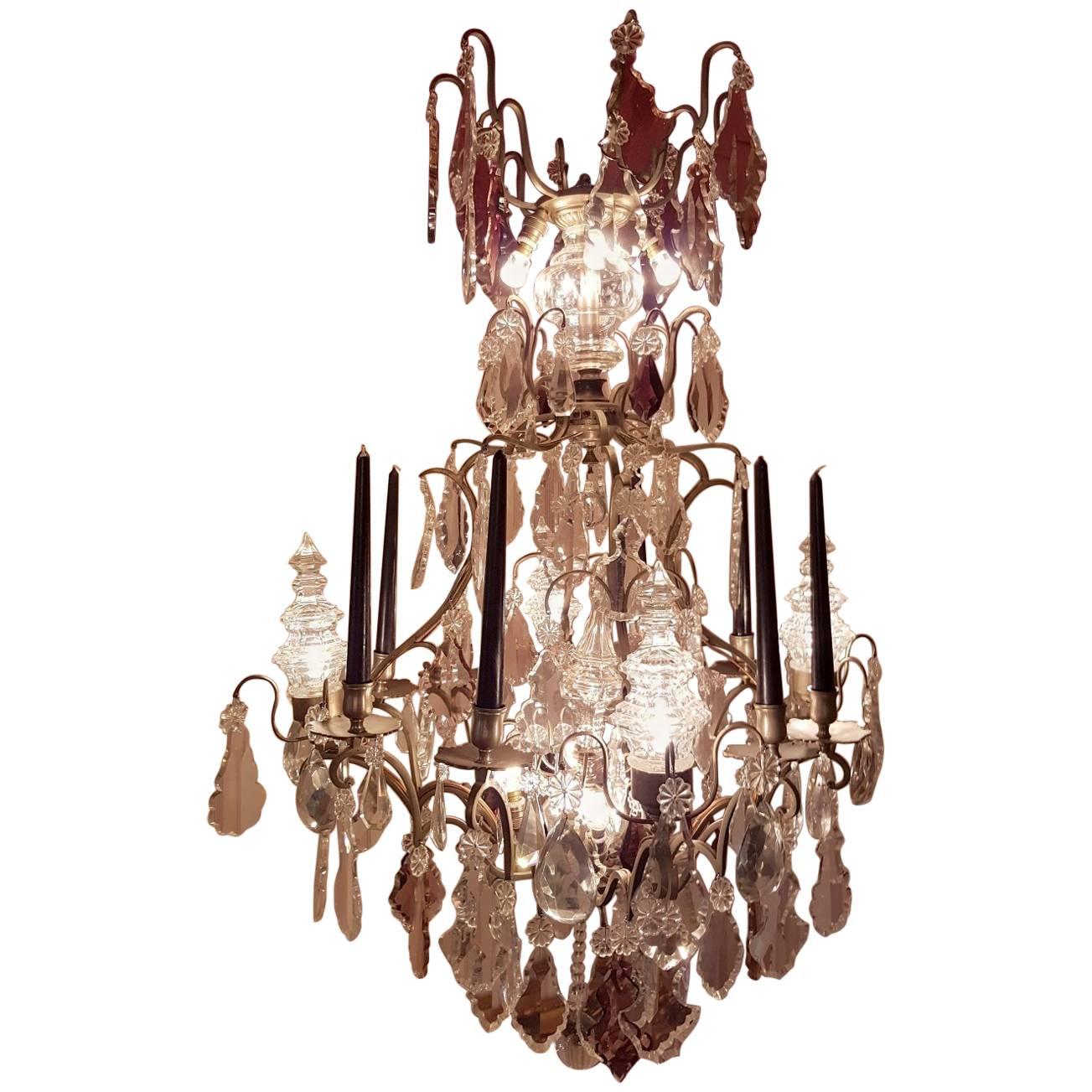 19th Century Chandelier with Five Large Pinnacles, 12 Lights and Eight Candles For Sale