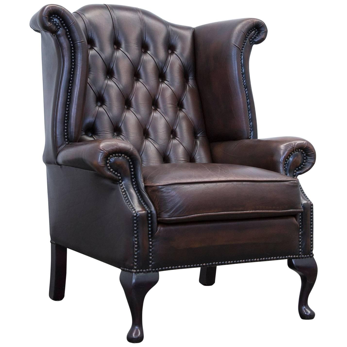 Chesterfield Leather Wingback Chair Brown One Seat Couch Retro Vintage For Sale