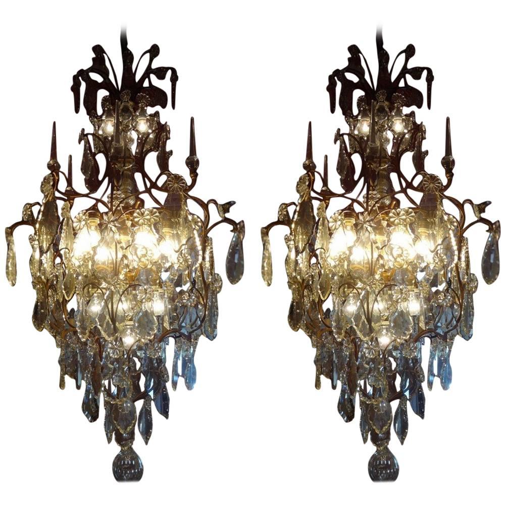 Unique Set of Two Large French Chandeliers with Huge Crystals, identical For Sale
