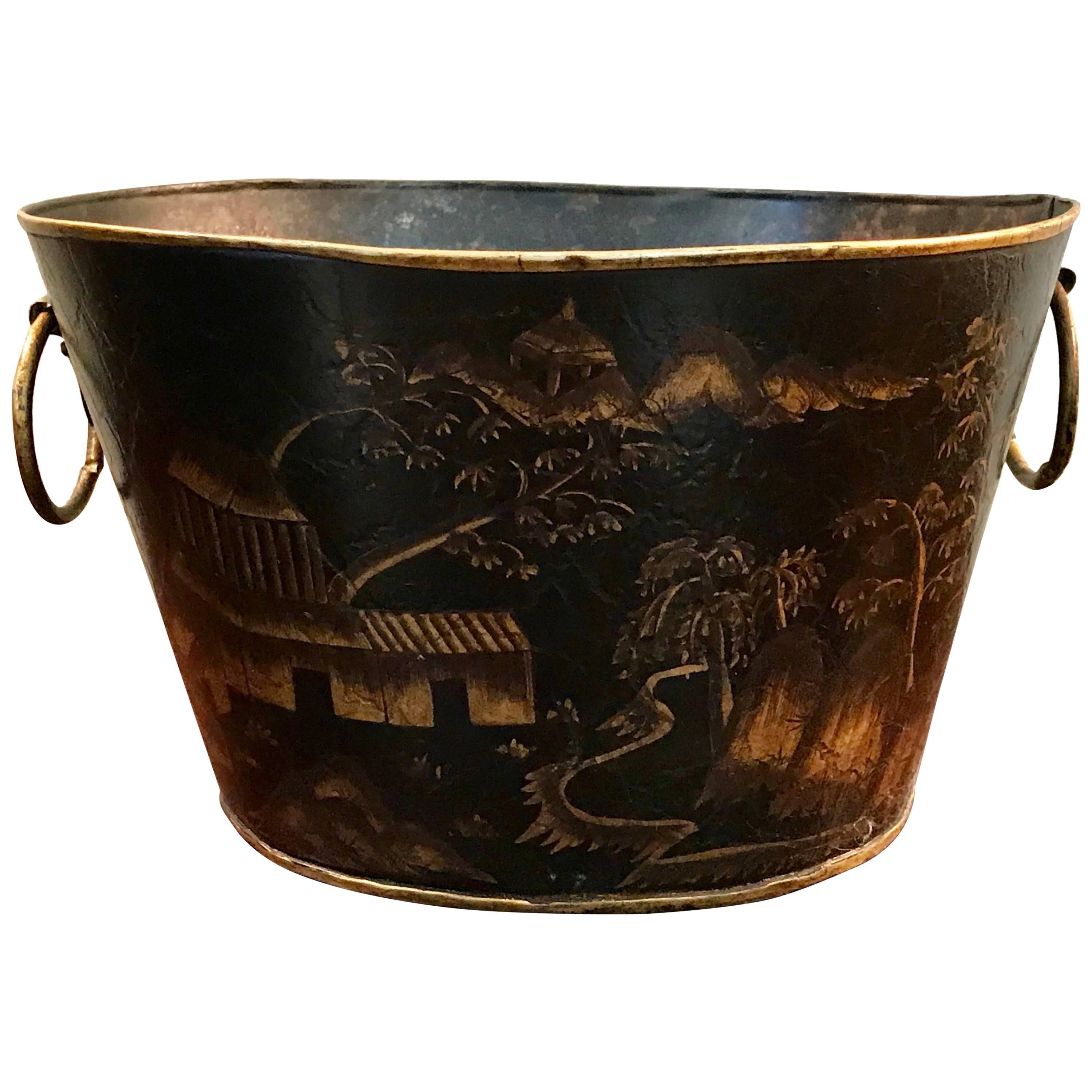1950s Black and Gold Tole Cachepot with a Chinoiserie and Pagoda Motif