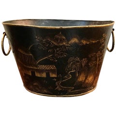 Vintage 1950s Black and Gold Tole Cachepot with a Chinoiserie and Pagoda Motif
