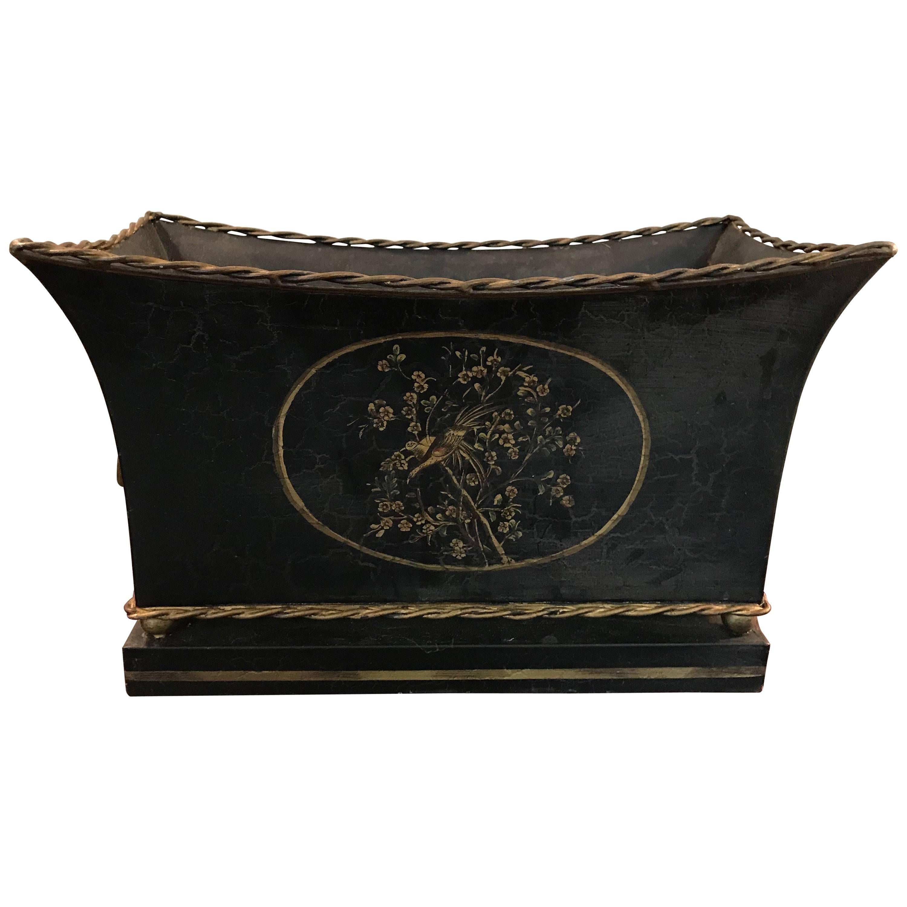 1970s Black and Gold Tole Cachepot with Floral Motif and Lion Head Handles