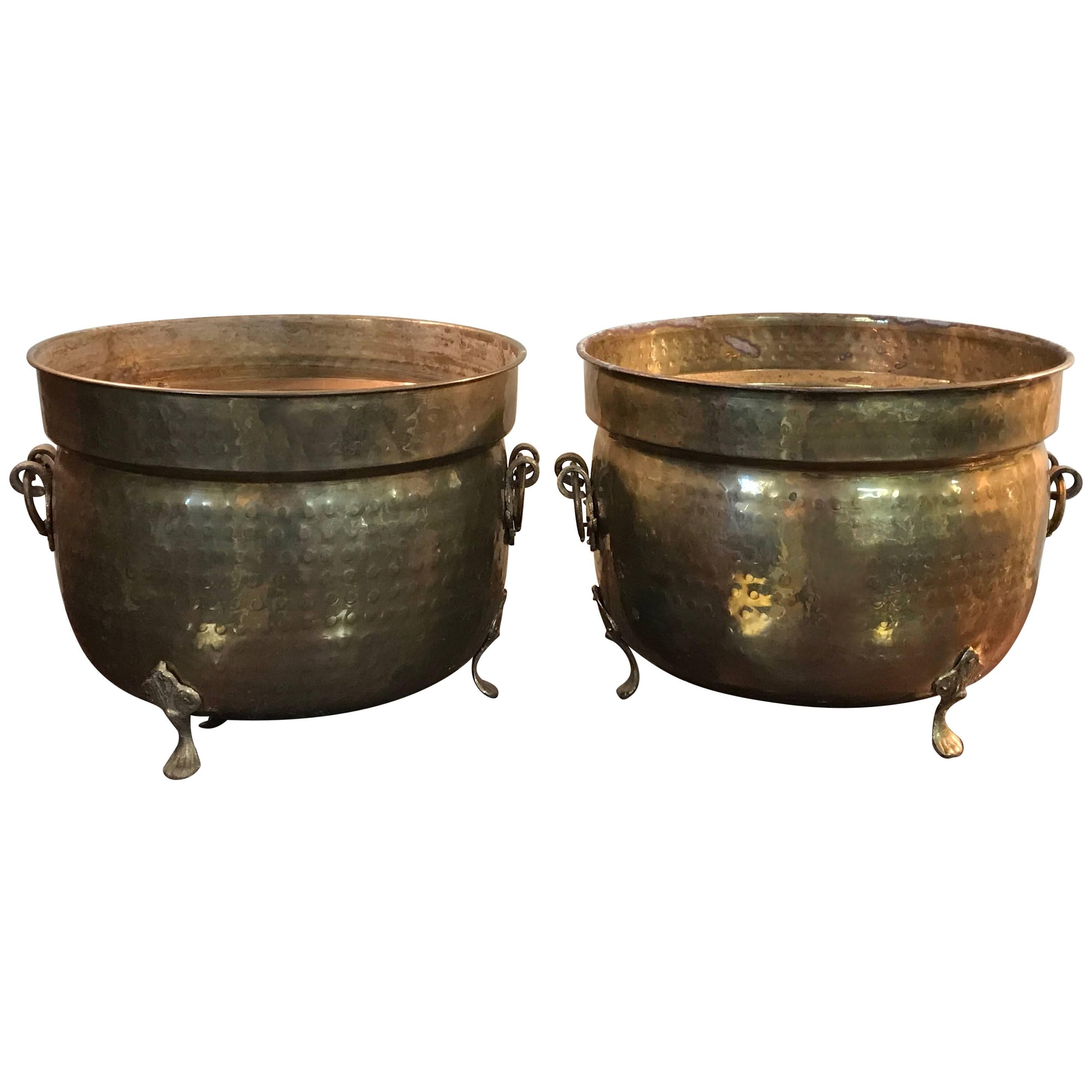 1960s Large Italian Brass Cachepot Planters with Clawfeet, Pair