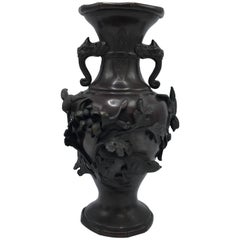19th Century Meiji Period Bronze Vase with Faux Bamboo and Sculptural Animals