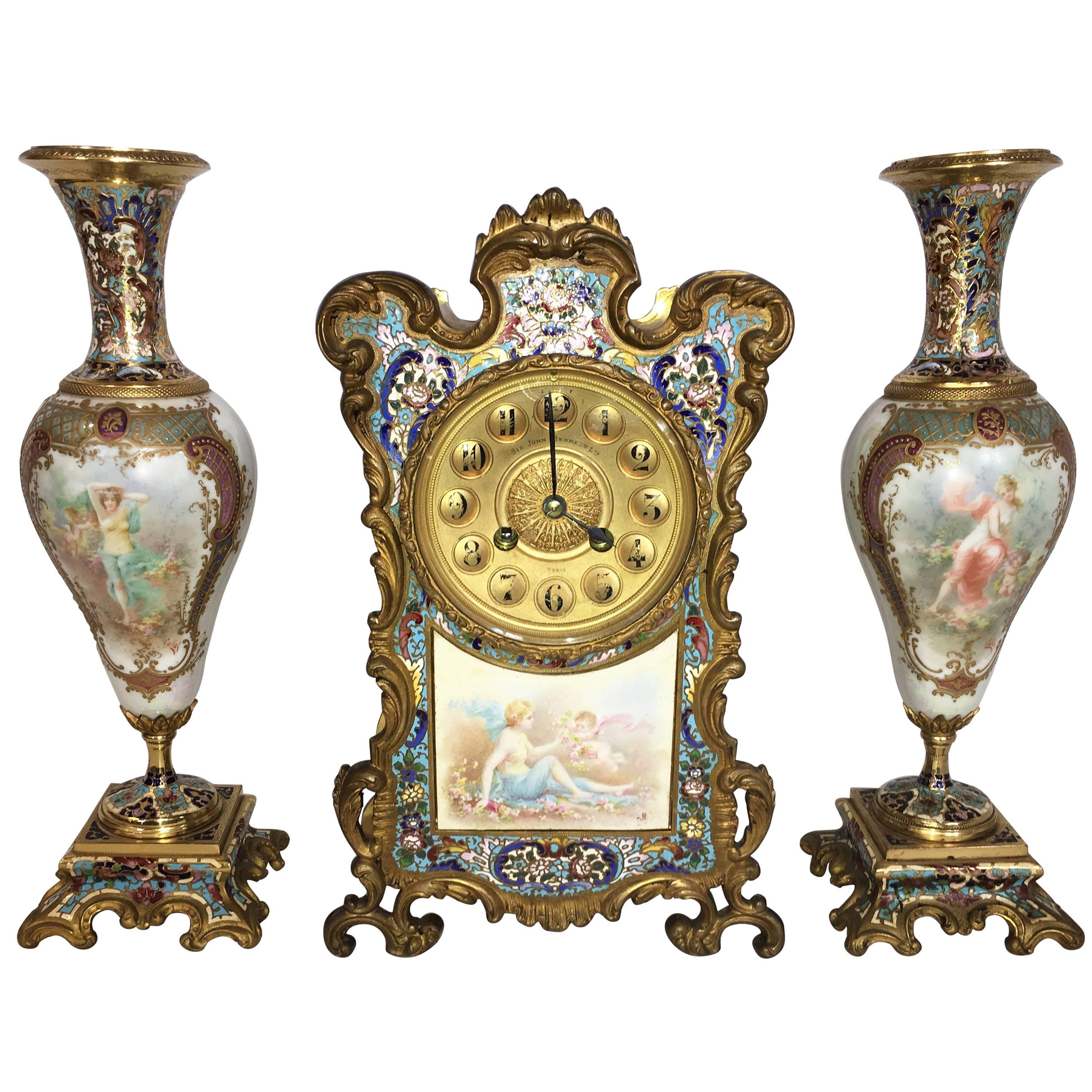 French, Louis XVI Style Enamel Clock Set, 19th Century