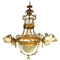 Antique Empire Style Chandelier with Seven Lights and Bowl in Victorian Cut-Glass