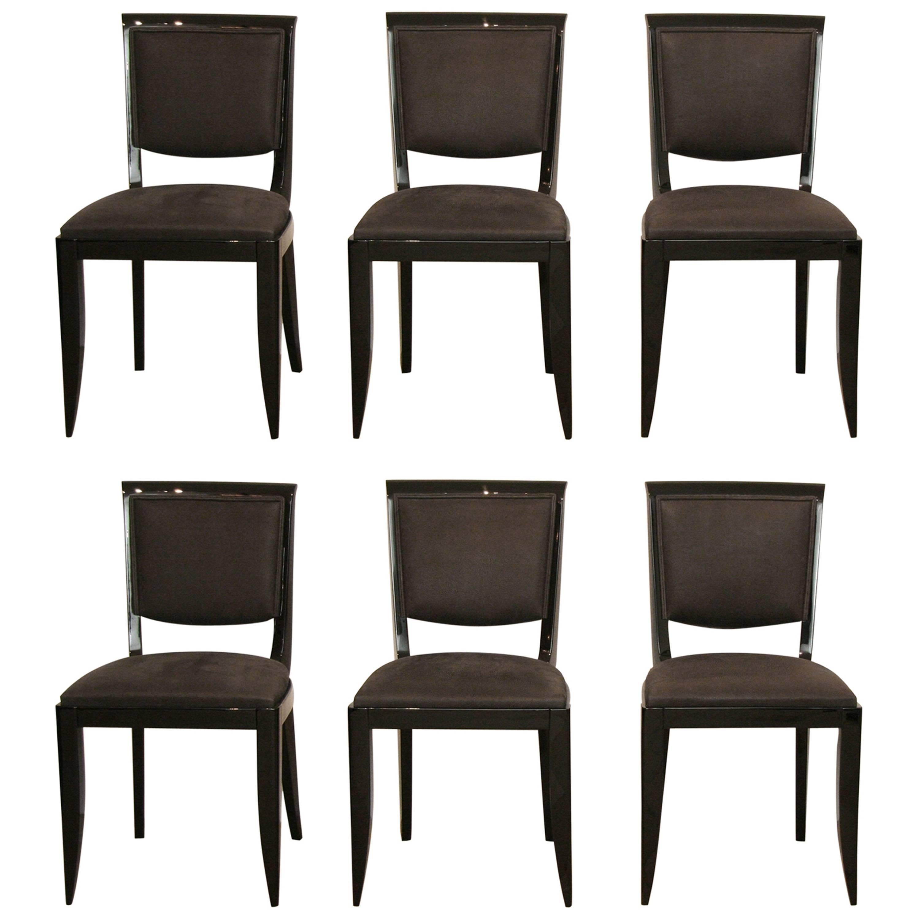 Six Black French Art Deco Dining Room Chairs Re-Lacquered and Re-Upholstered