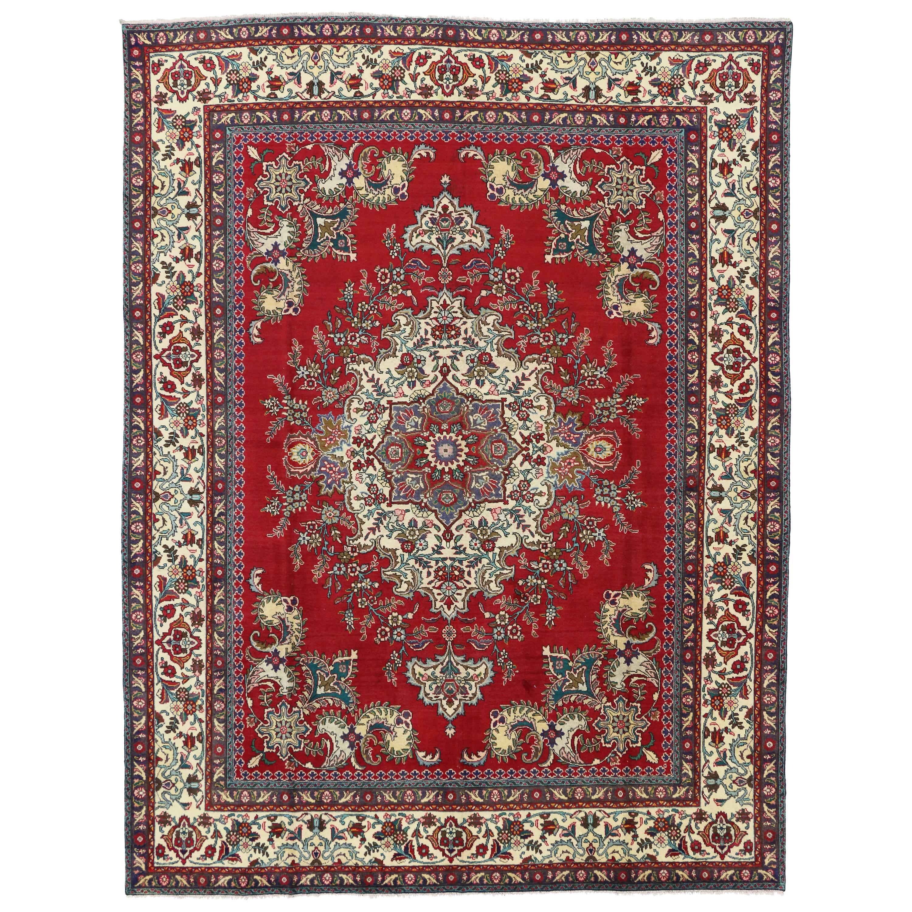 Vintage Persian Tabriz Area Rug with Traditional Colonial and Federal Style For Sale