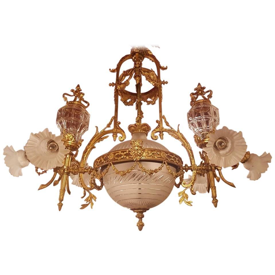 Large Empire Style Bronze-Gilt Chandelier, Globe of Victorian Glass, Nine-Light For Sale