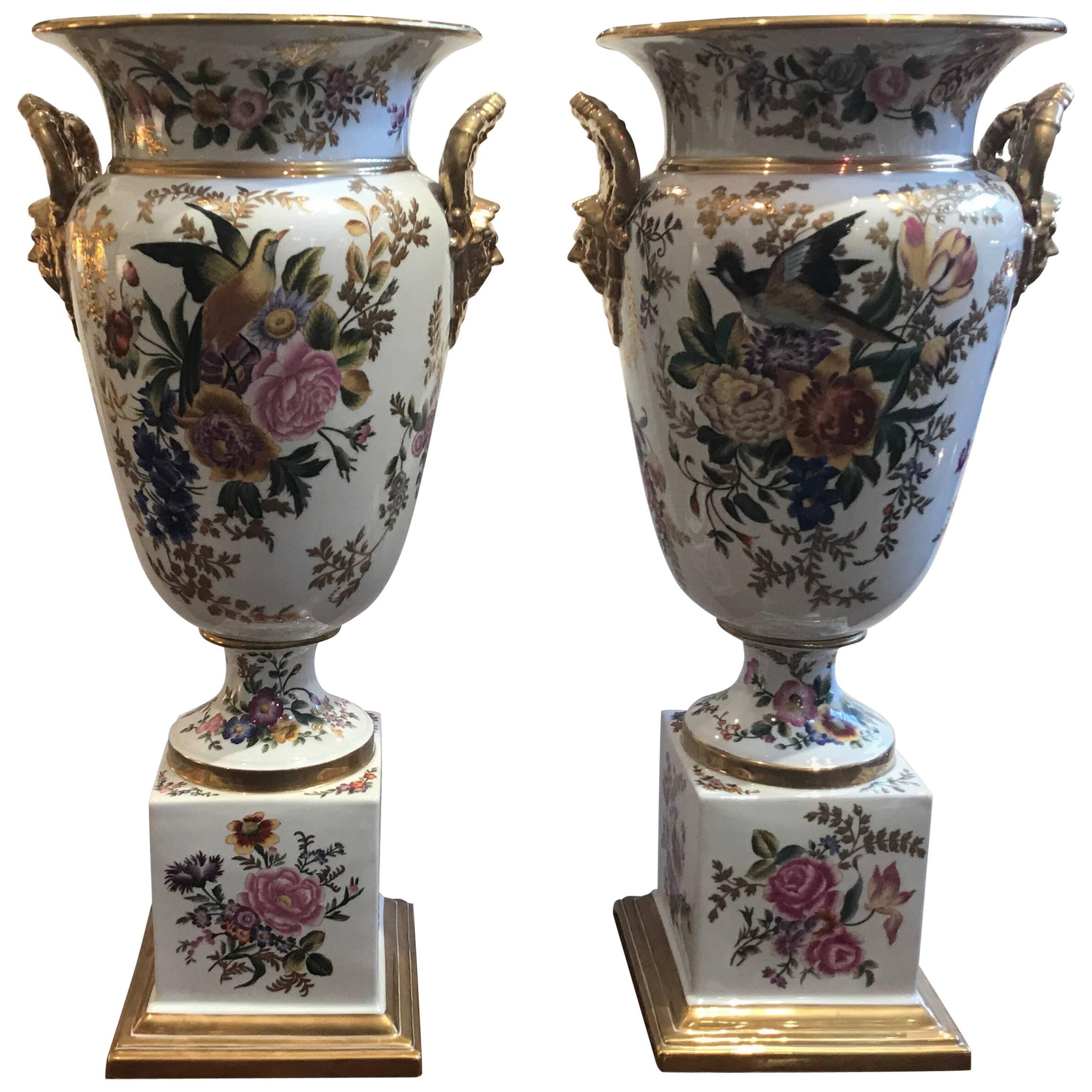 Large Pair of Hand-Painted Paris Style Porcelain Urns