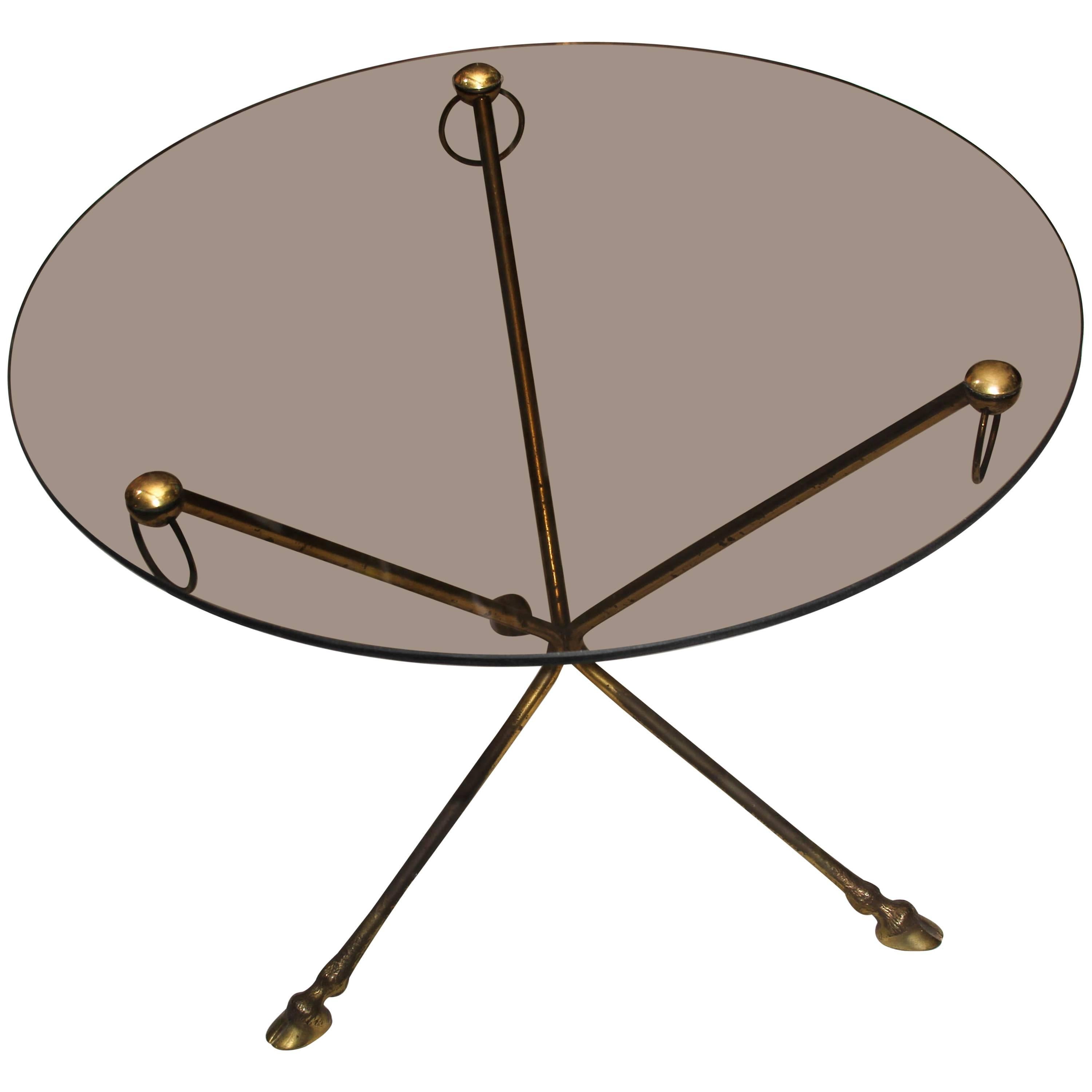 Midcentury French Glass and Brass Tripod Table with Deer-Hoof 
