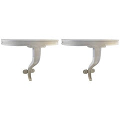 Vintage Pair of White Lacquered Wall Mounted Demi Lune Console Tables