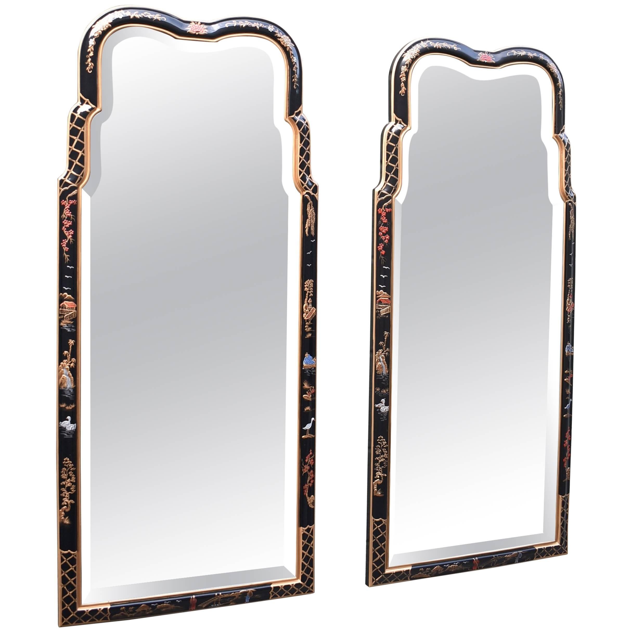 Pair of Hand-Painted Chinoiserie Beveled Glass Mirrors by Henredon