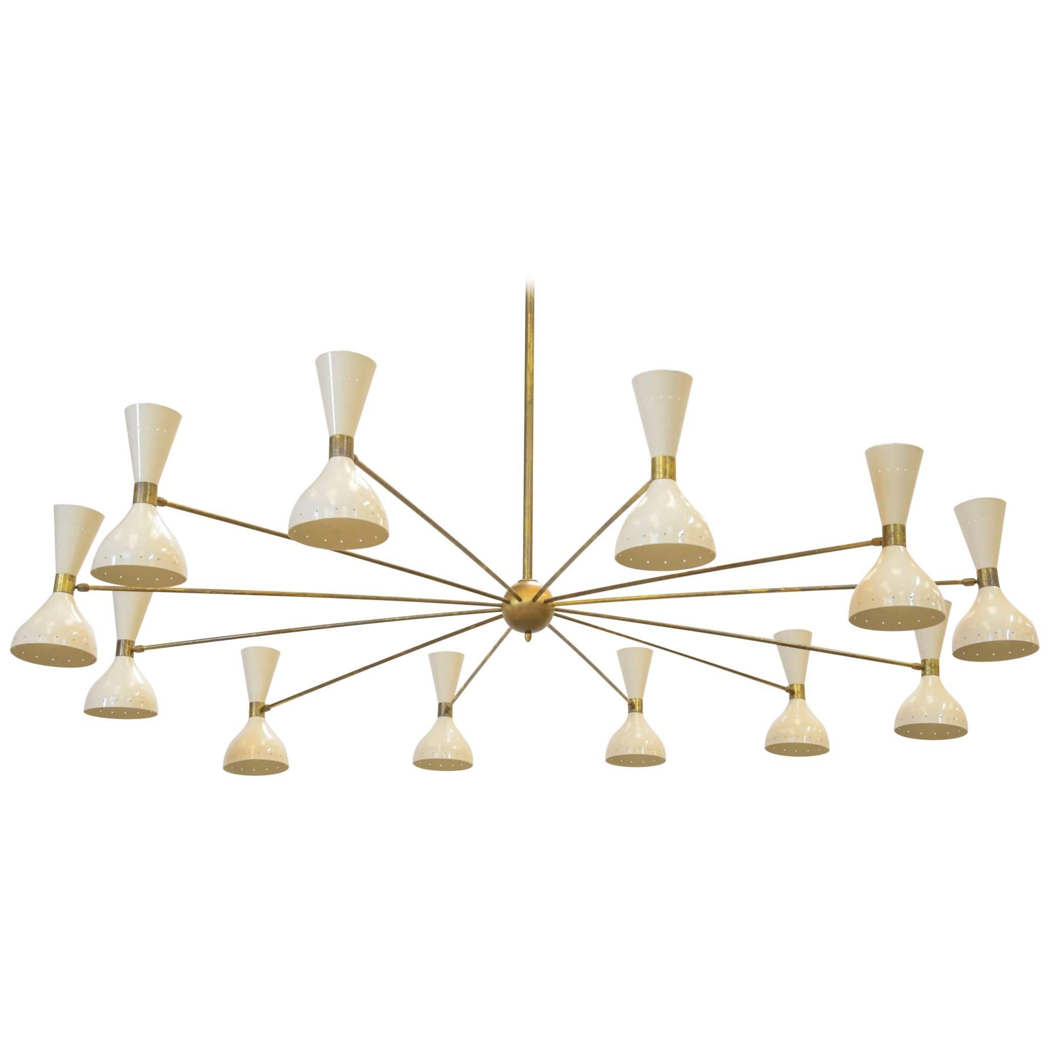 Large Italian Chandelier Stilnovo Style Design Midcentury Brass White For Sale