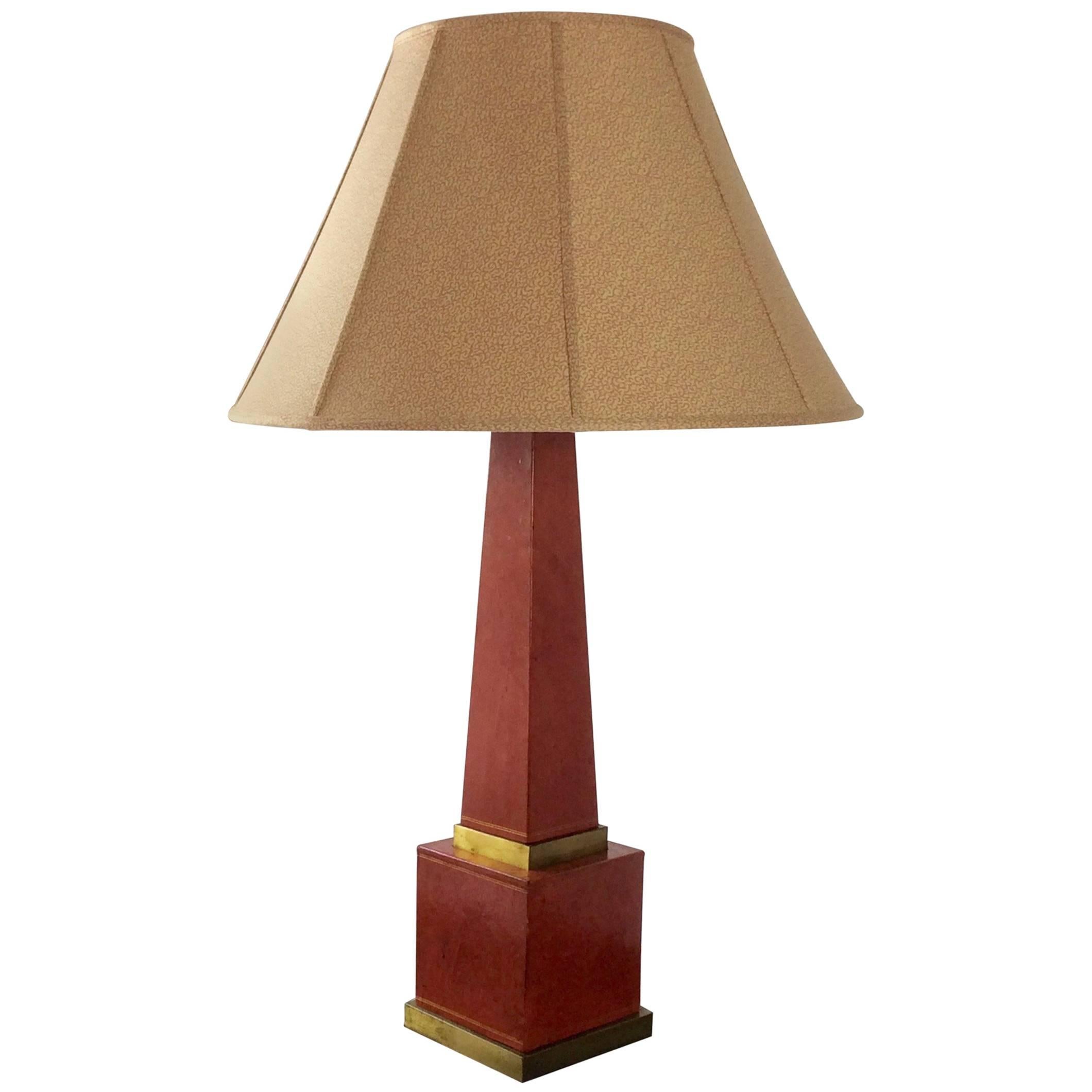 Vintage Leather Obelisk Table Lamp with Brass Trim and Custom Shade