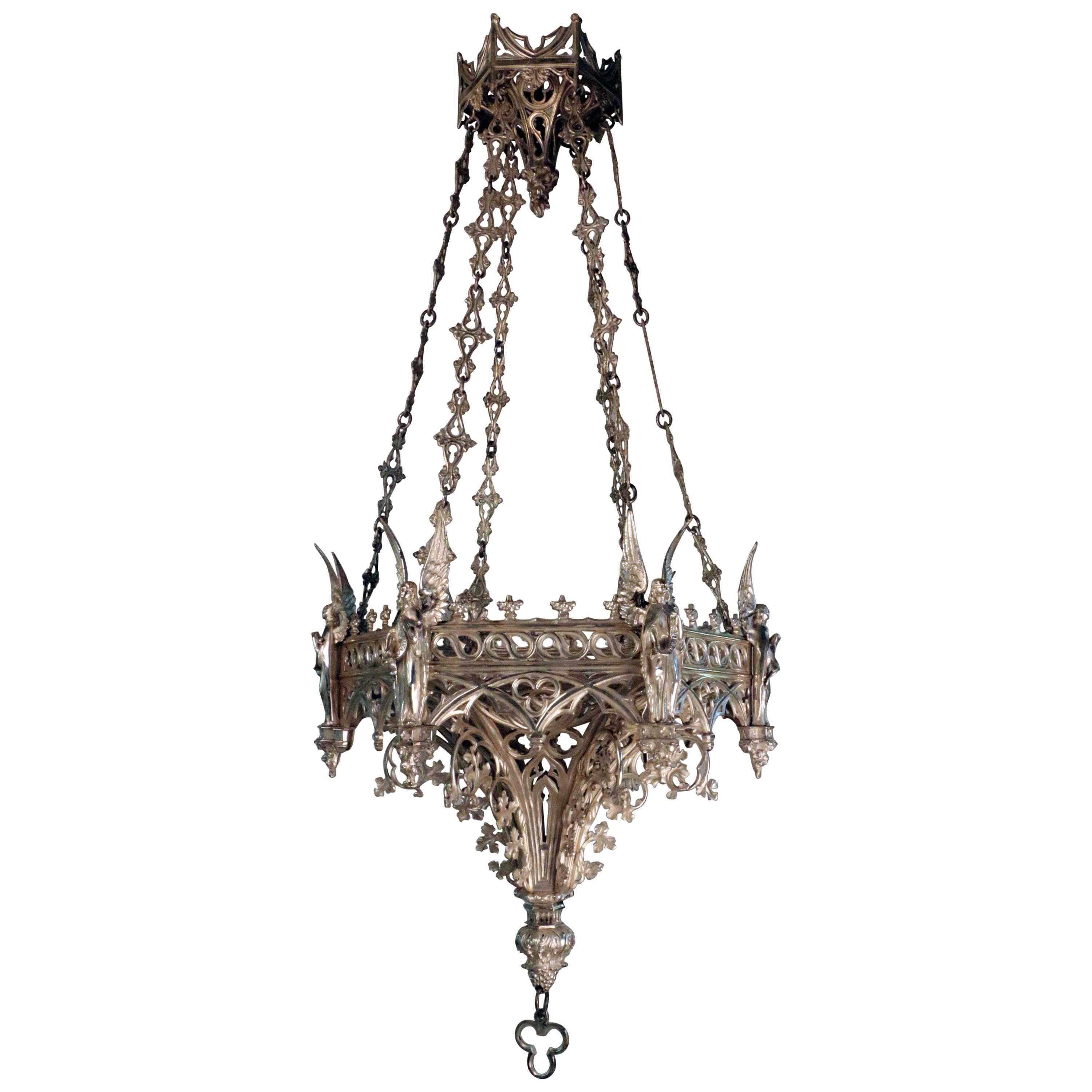 Antique French Neo-Gothic Silvered Bronze Hanging Fixture