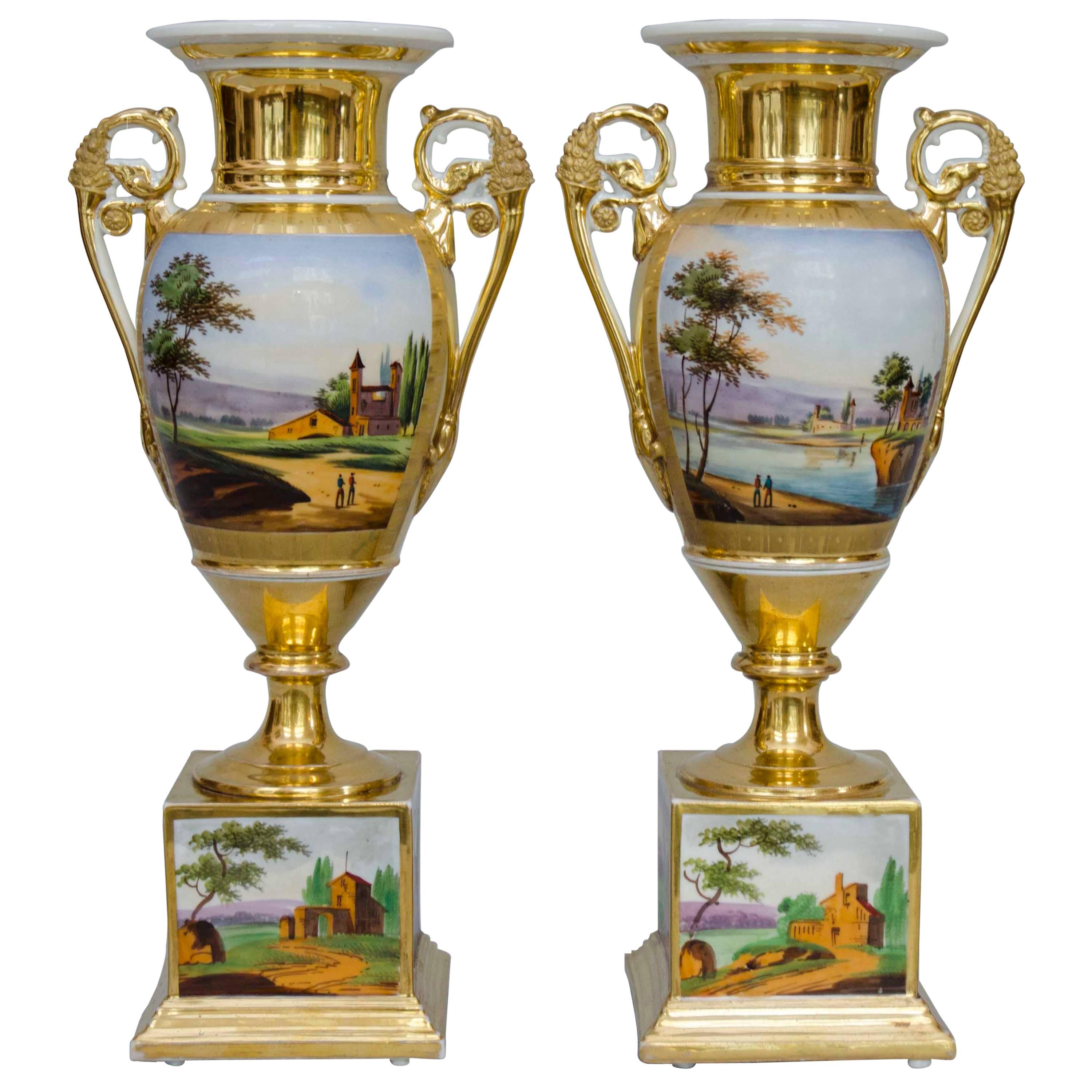 19th Century Squared Based Egg Shaped Vases with Italian Landscapes, Brussels For Sale