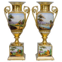 19th Century Squared Based Egg Shaped Vases with Italian Landscapes, Brussels