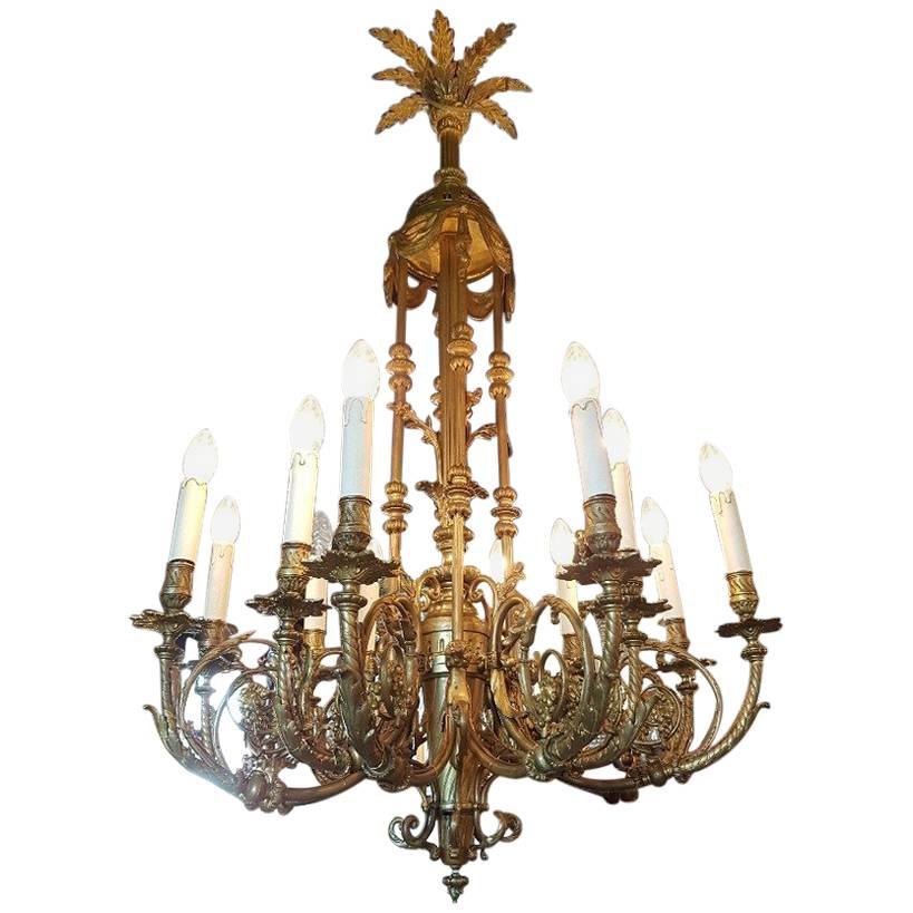 Large French Gas Chandelier with a Beautiful Bronze Patina, 19th Century For Sale