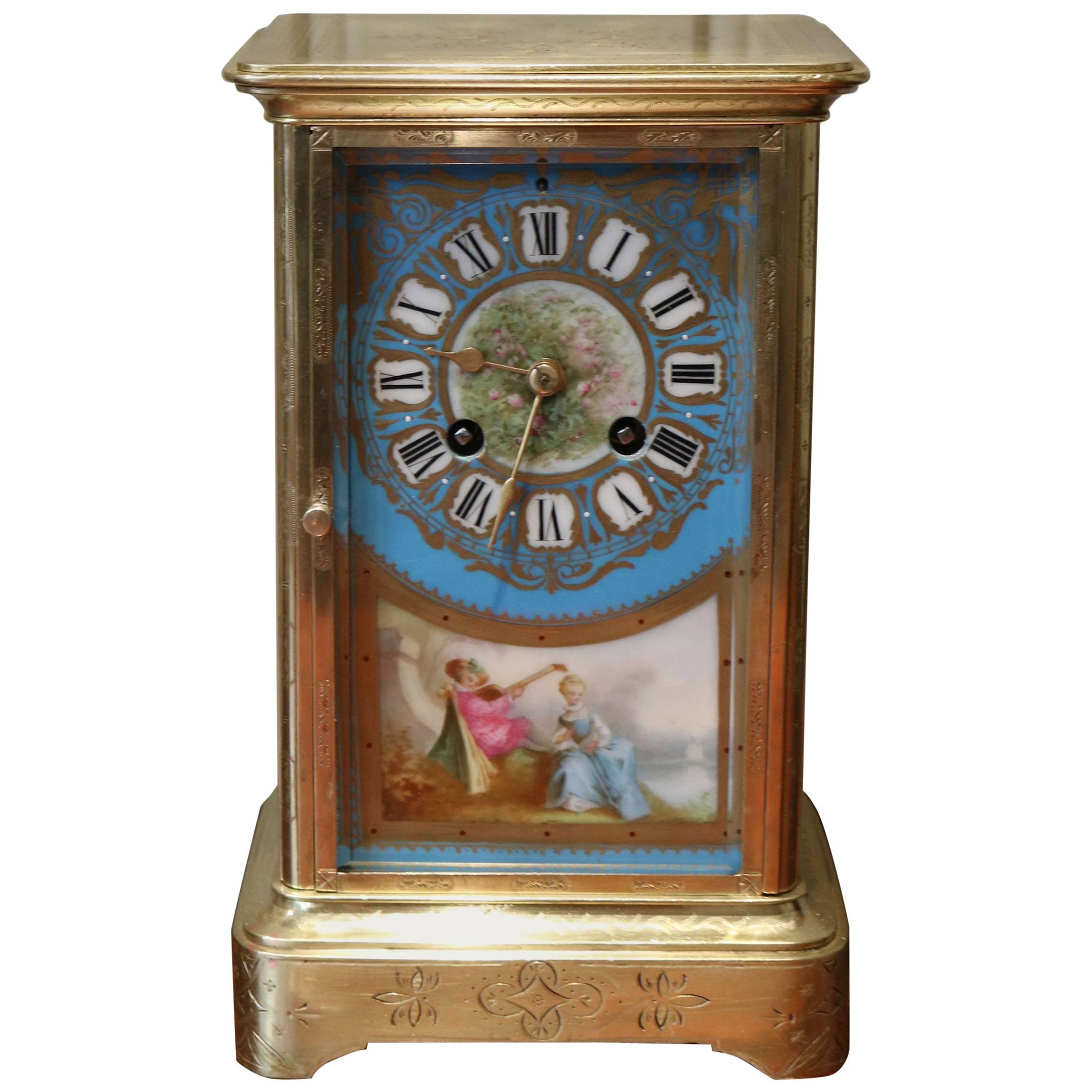 Porcelain Panel Bell Striking Four Glass Clock For Sale