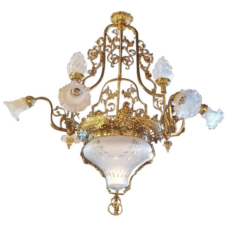 Large French Chandelier with Nine-Lights and a Coupe of Venetian Cut Glass For Sale