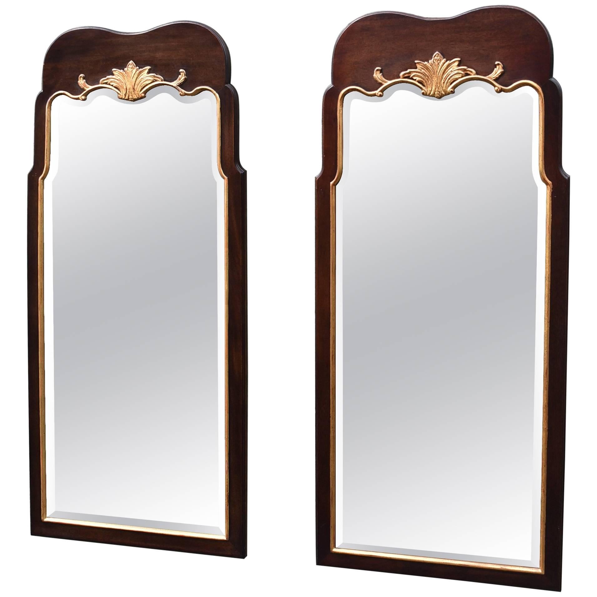 Pair of Walnut Chippendale Beveled Glass Mirrors with Gold Gilt Trim by Henredon