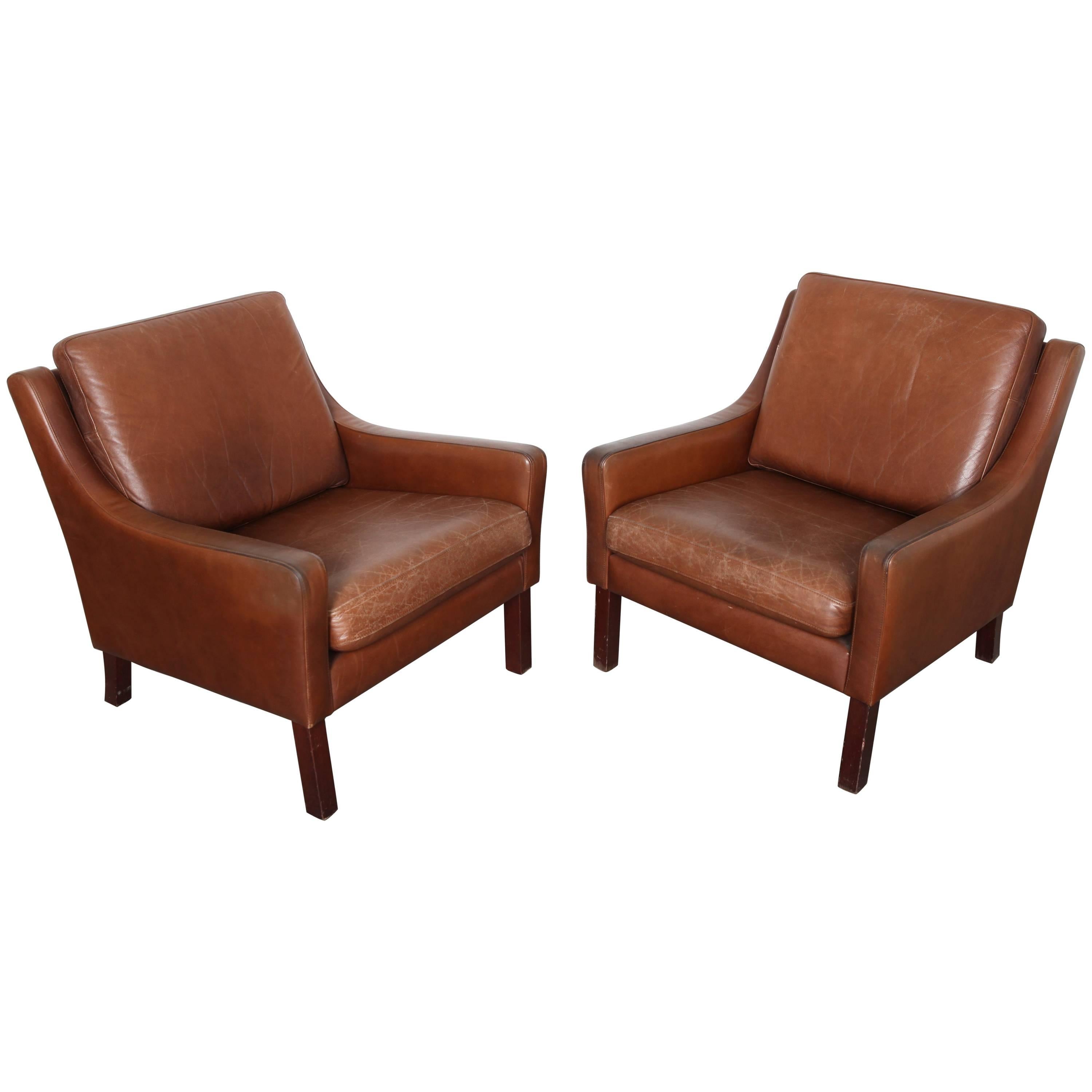 Pair of Mid-Century Modern Swedish Brown Leather Lounge Chairs