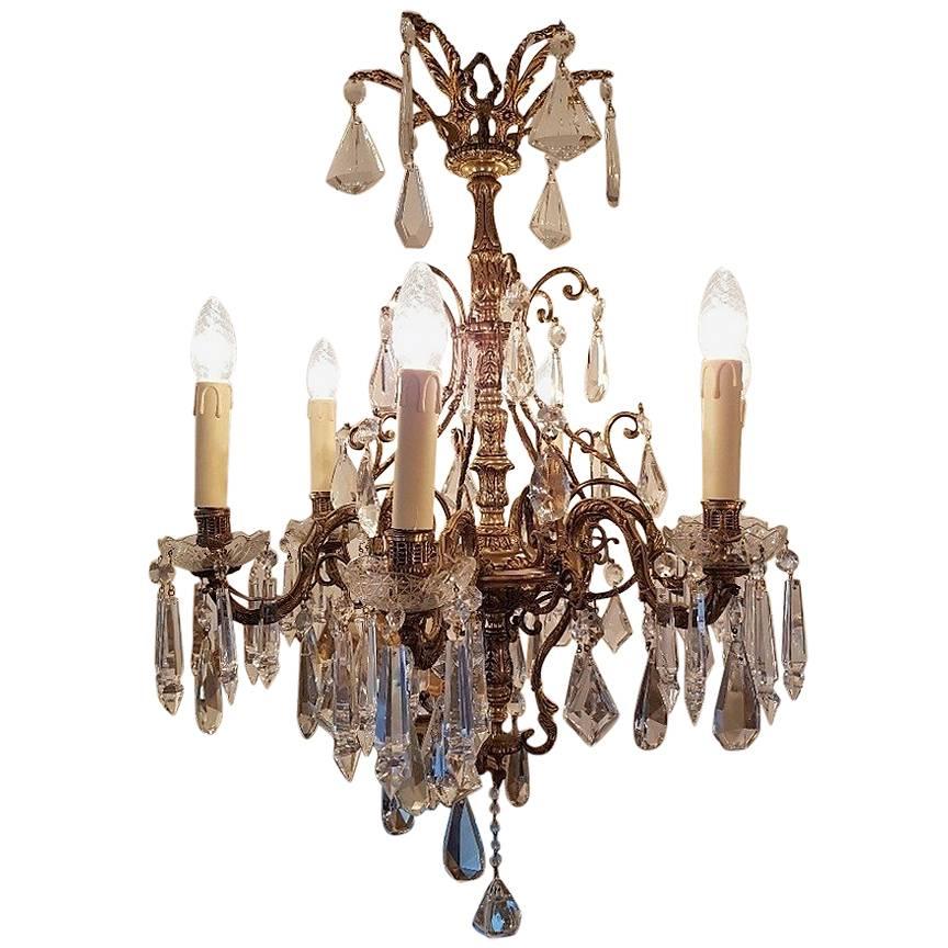 Small Bronze Chandelier with Six Lights, Crystal and Bobeche Cups For Sale
