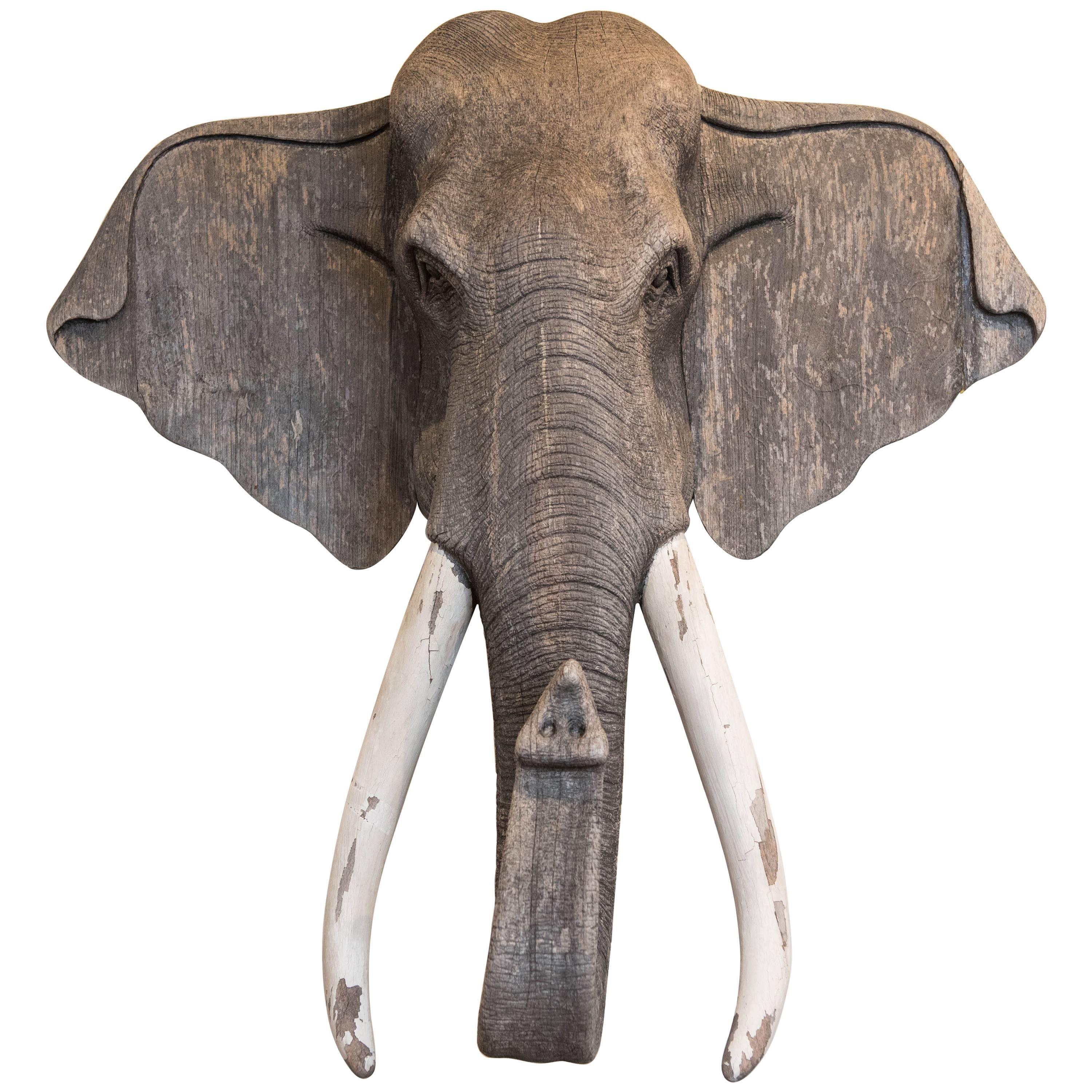Vintage Carved Wood Elephant Wall Sculpture